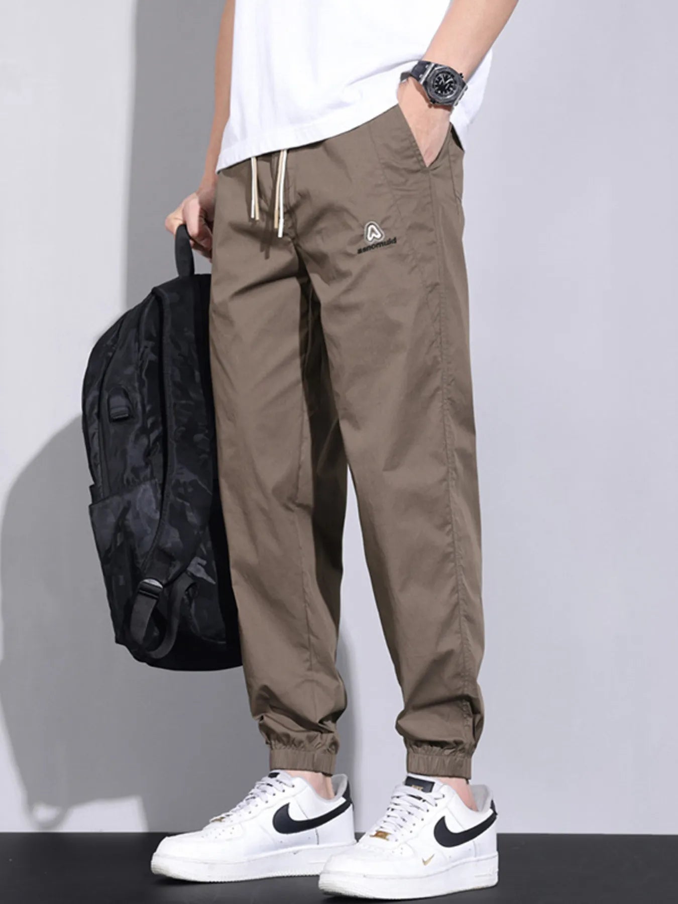 Plus Size Casual Drawstring Ankle-Cuffed Pants in Coffee for Men