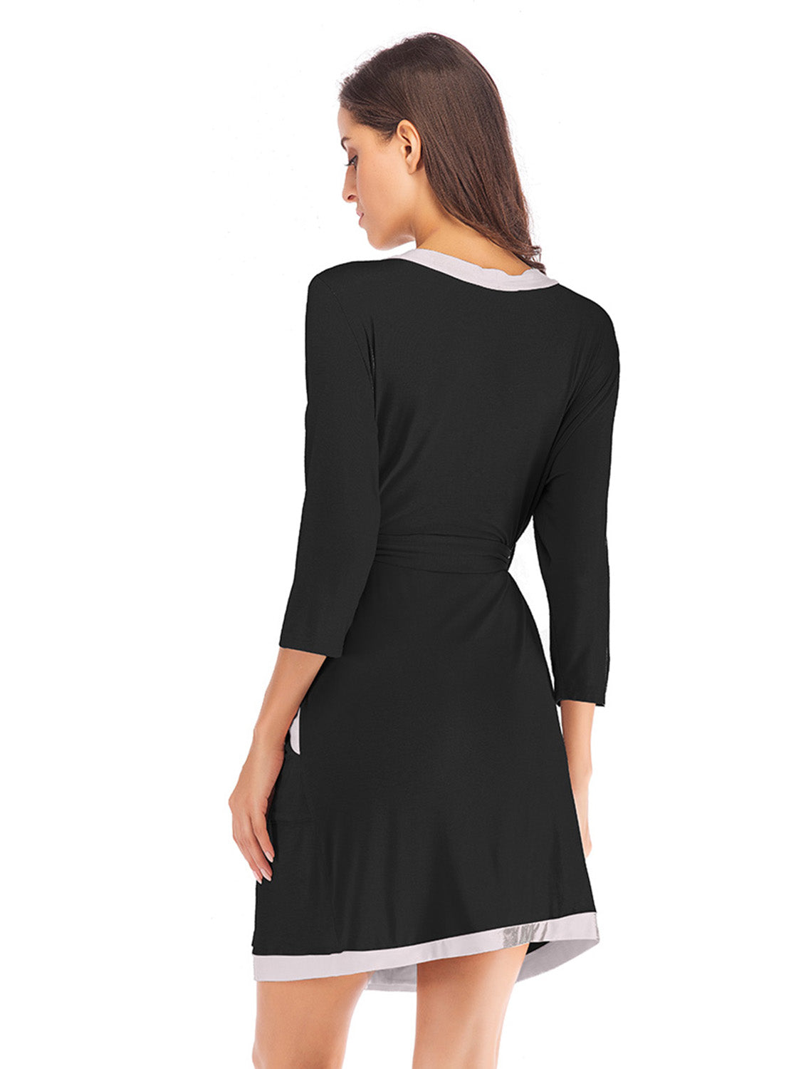 Tie Waist Surplice Neck Robe with Pockets in Black for Women