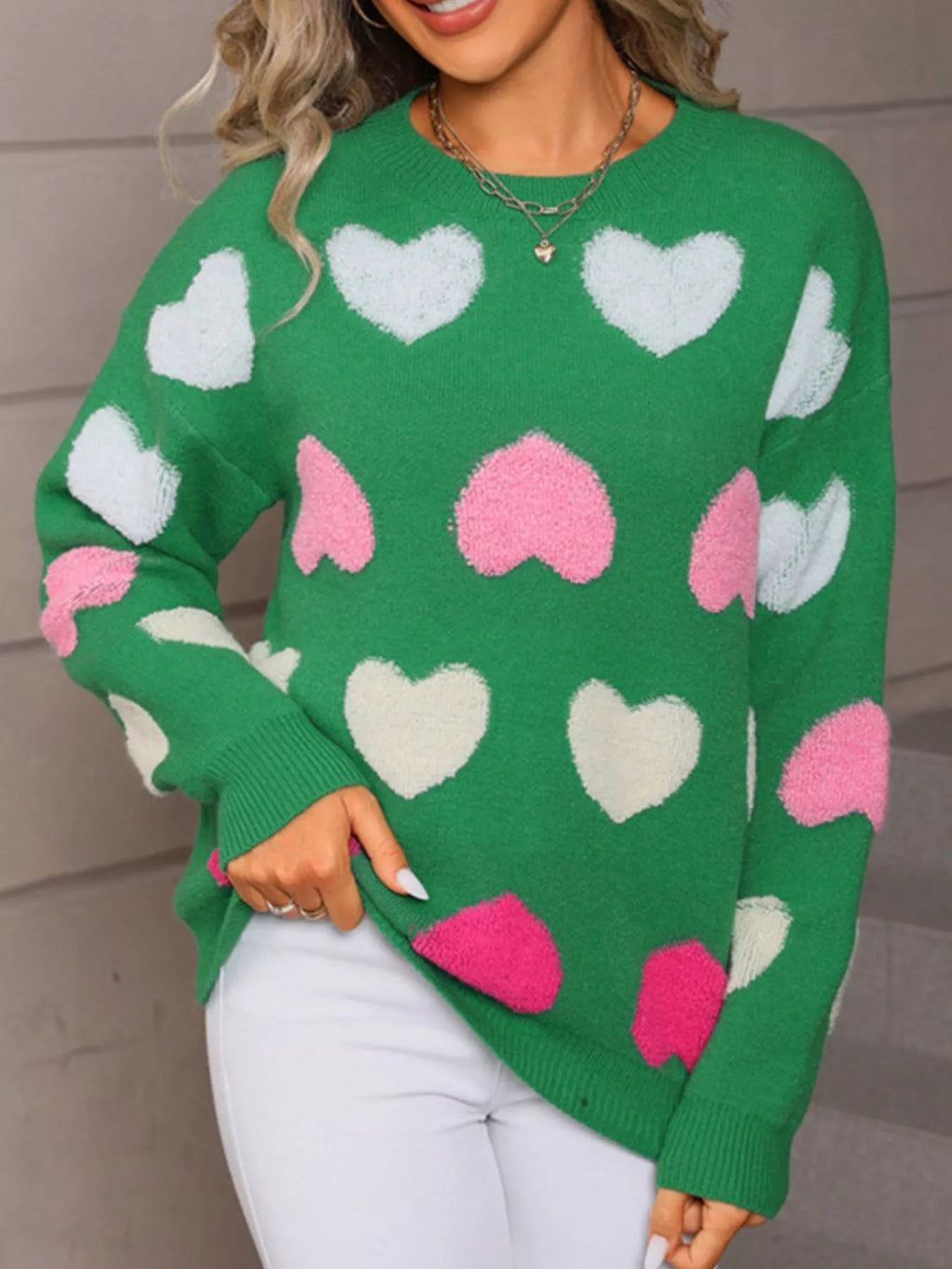 Valentines Day Heart Pattern Fuzzy Knit Sweater in Red for Women
