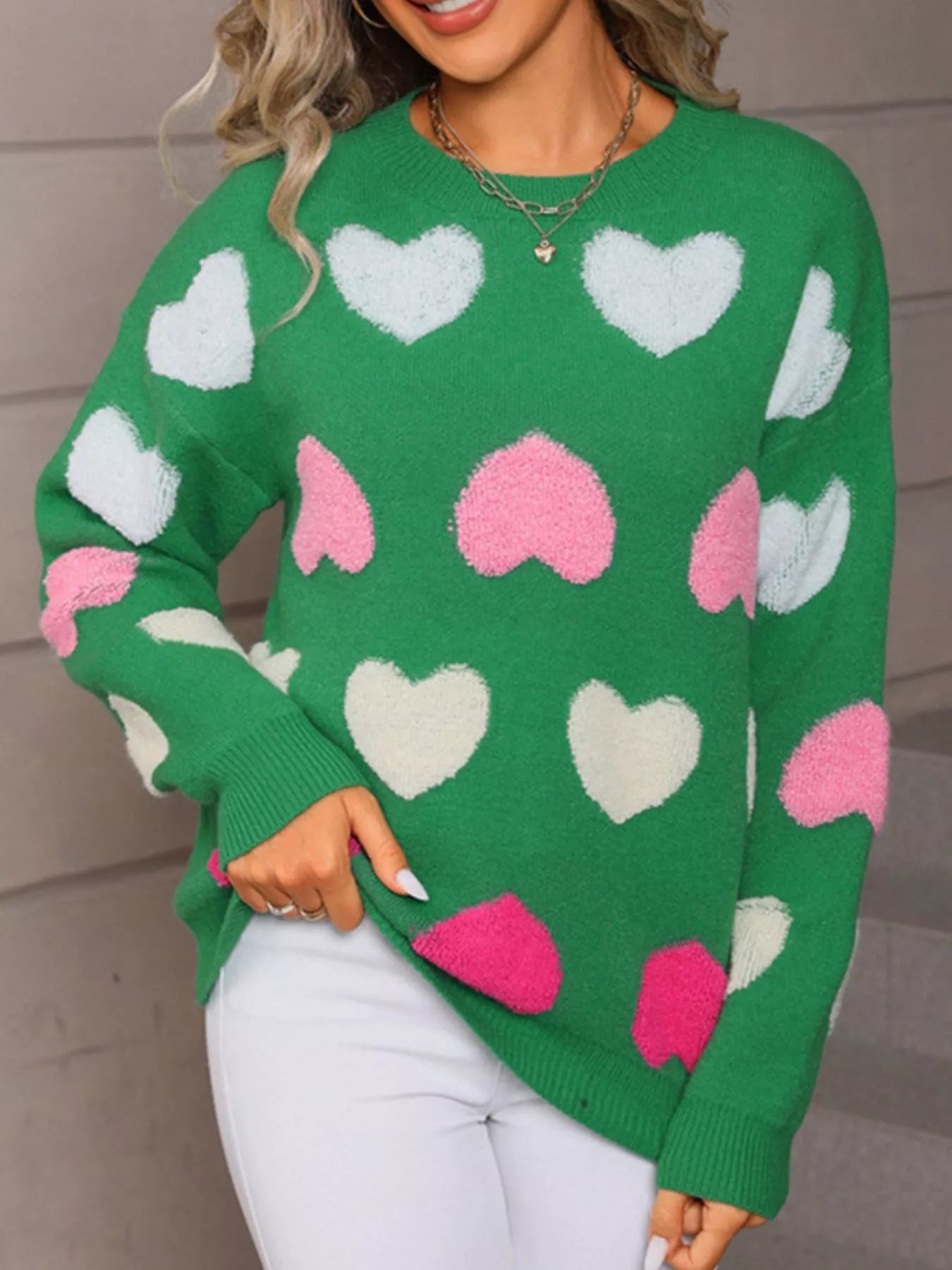 Valentines Day Heart Pattern Fuzzy Knit Sweater in Red for Women