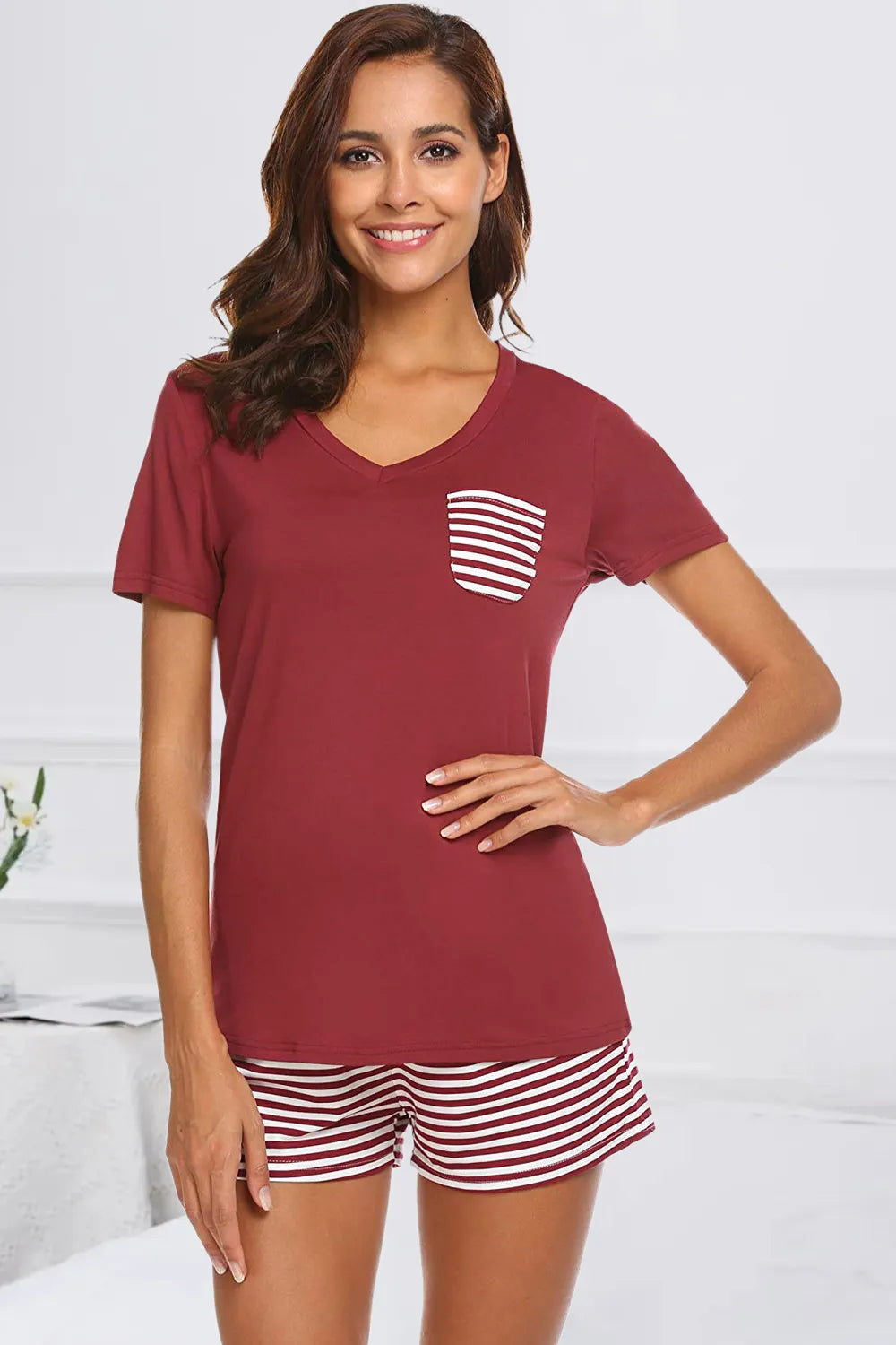 Striped Short Sleeve Top and Shorts Lounge Set in Deep Teal for Women