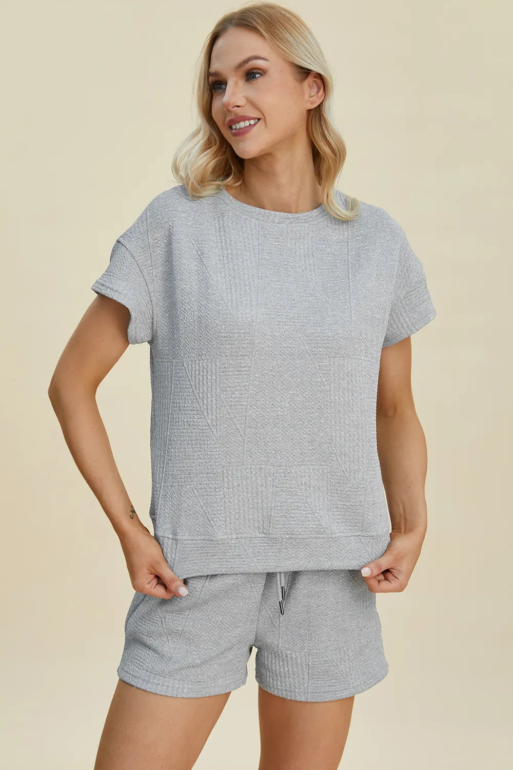 Plus Size Texture Short Sleeve Top and Shorts Set in Black for Women