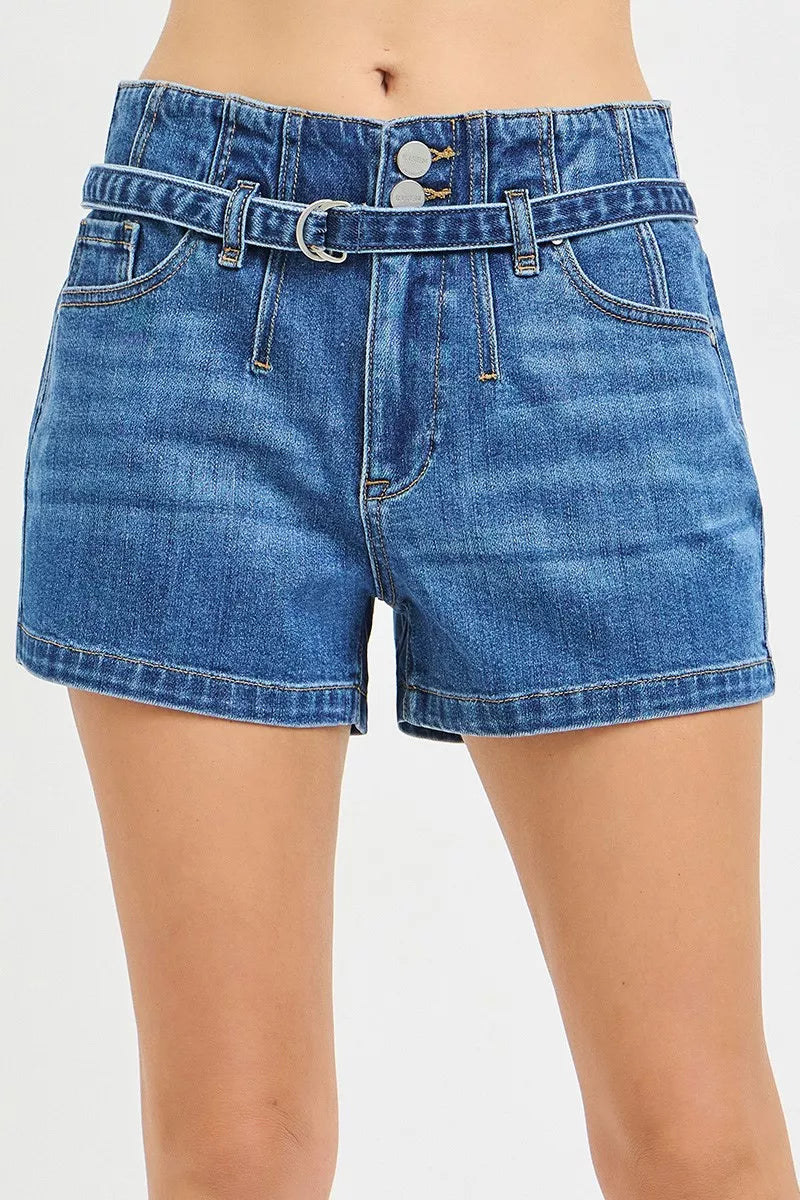 Double Button Slouchy Denim Shorts with Belt in Dark for Women