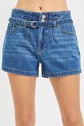 Double Button Slouchy Denim Shorts with Belt in Dark for Women