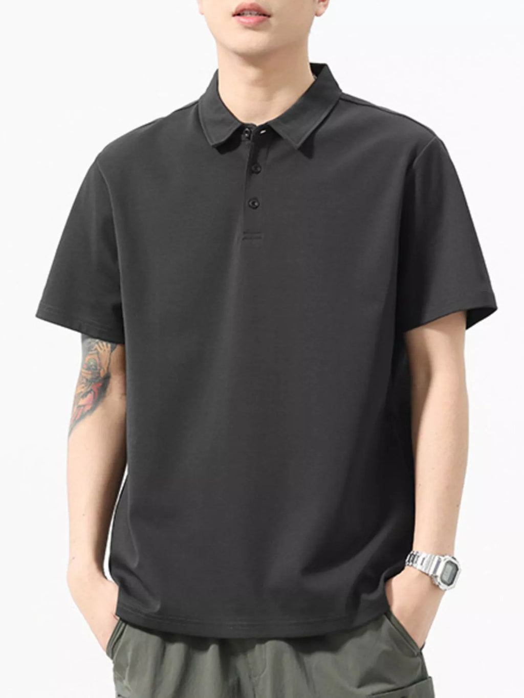 Button Detail Short Sleeve Polo Plus Size in White for Men