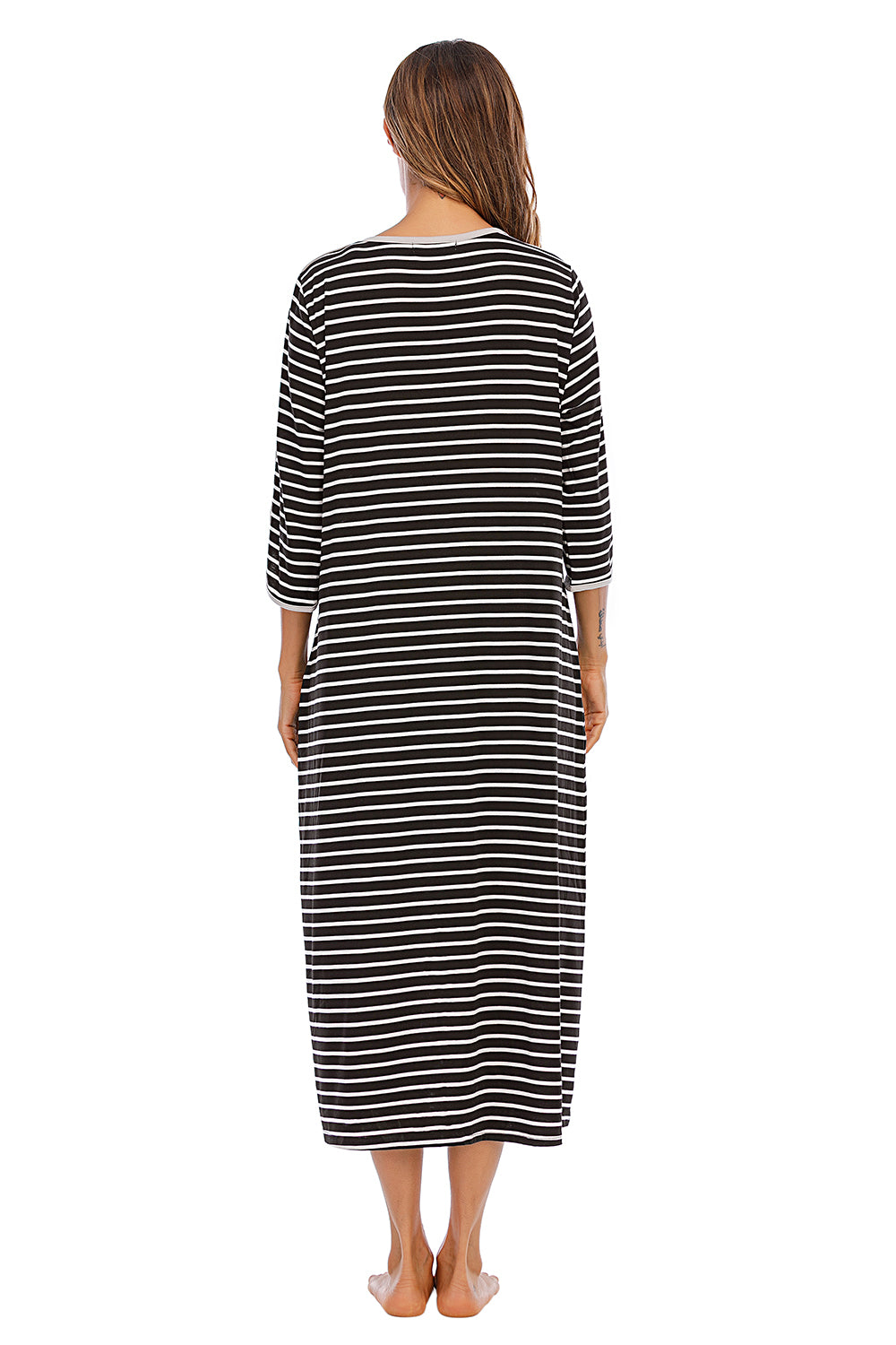 Round Neck Three-Quarter Sleeve Midi Night Dress in Red for Women