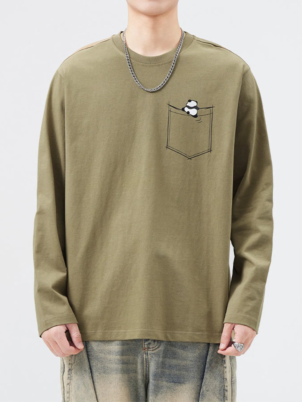 Plus Size Round Neck Long Sleeve T-Shirt in Khaki for Men