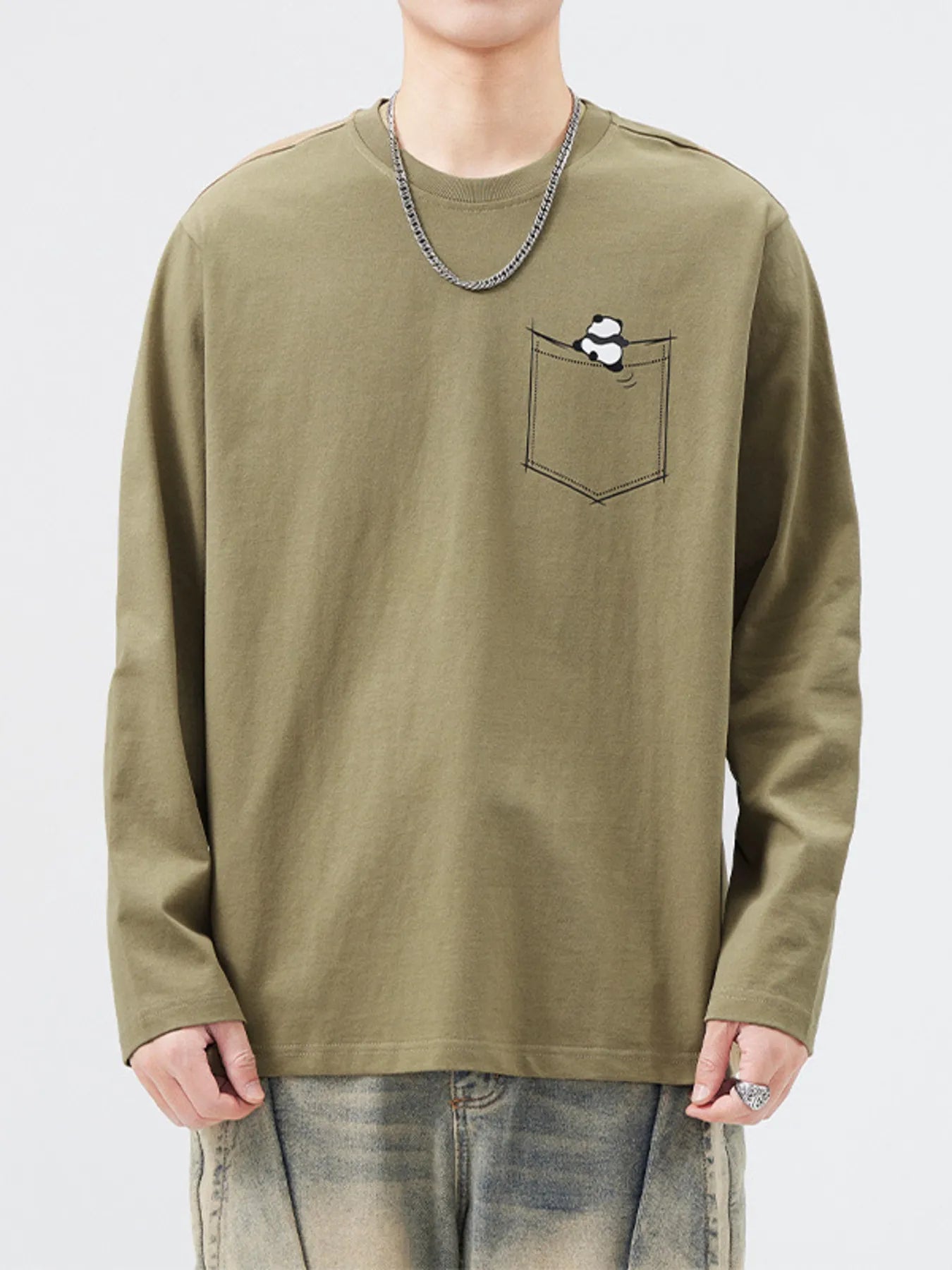 Plus Size Round Neck Long Sleeve T-Shirt in Khaki for Men