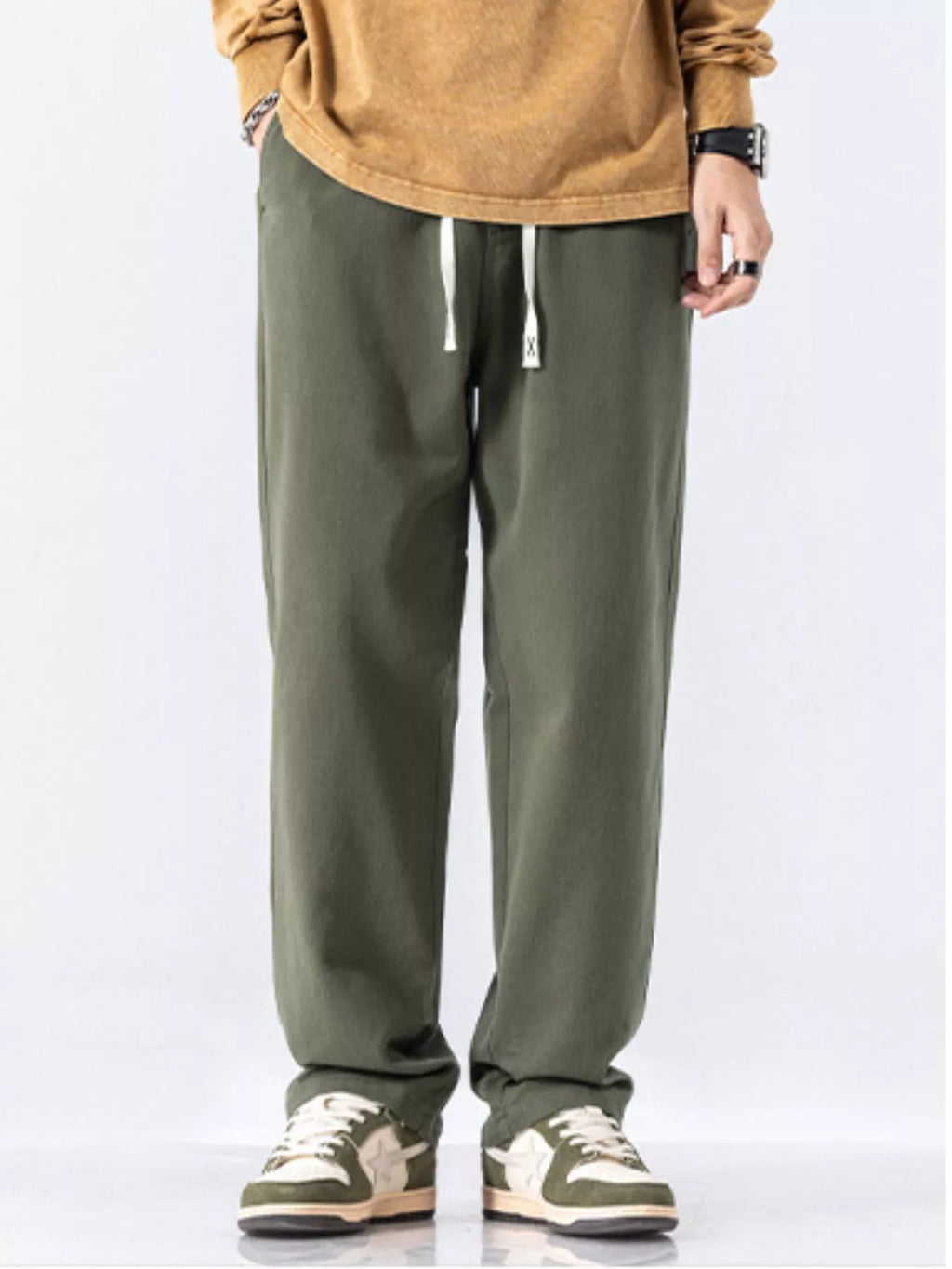 Casual Loose-Fit Drawstring Pants Plus Size in Khaki for Men
