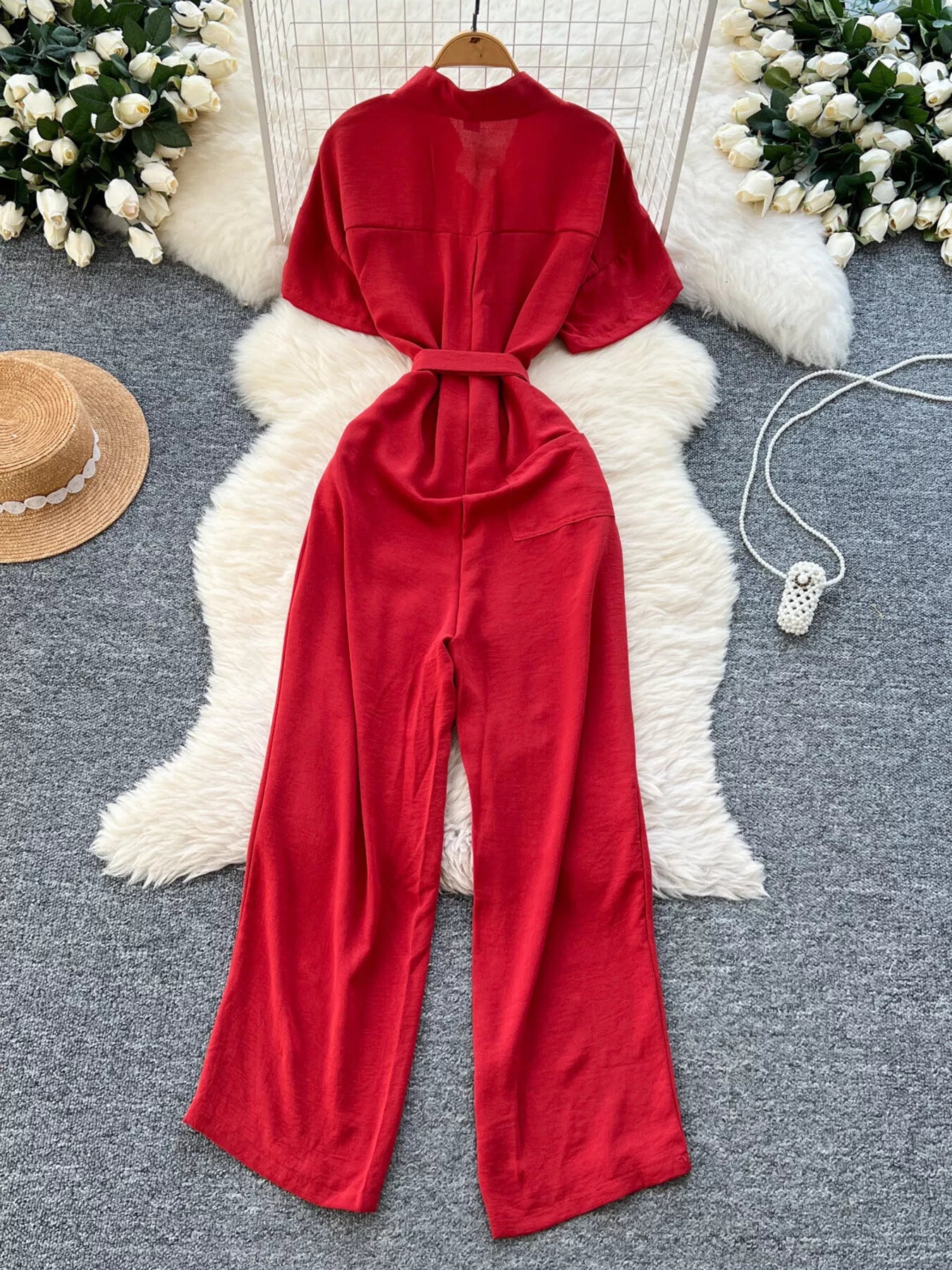 Red Button Front Wide Leg Jumpsuit in Black for Women