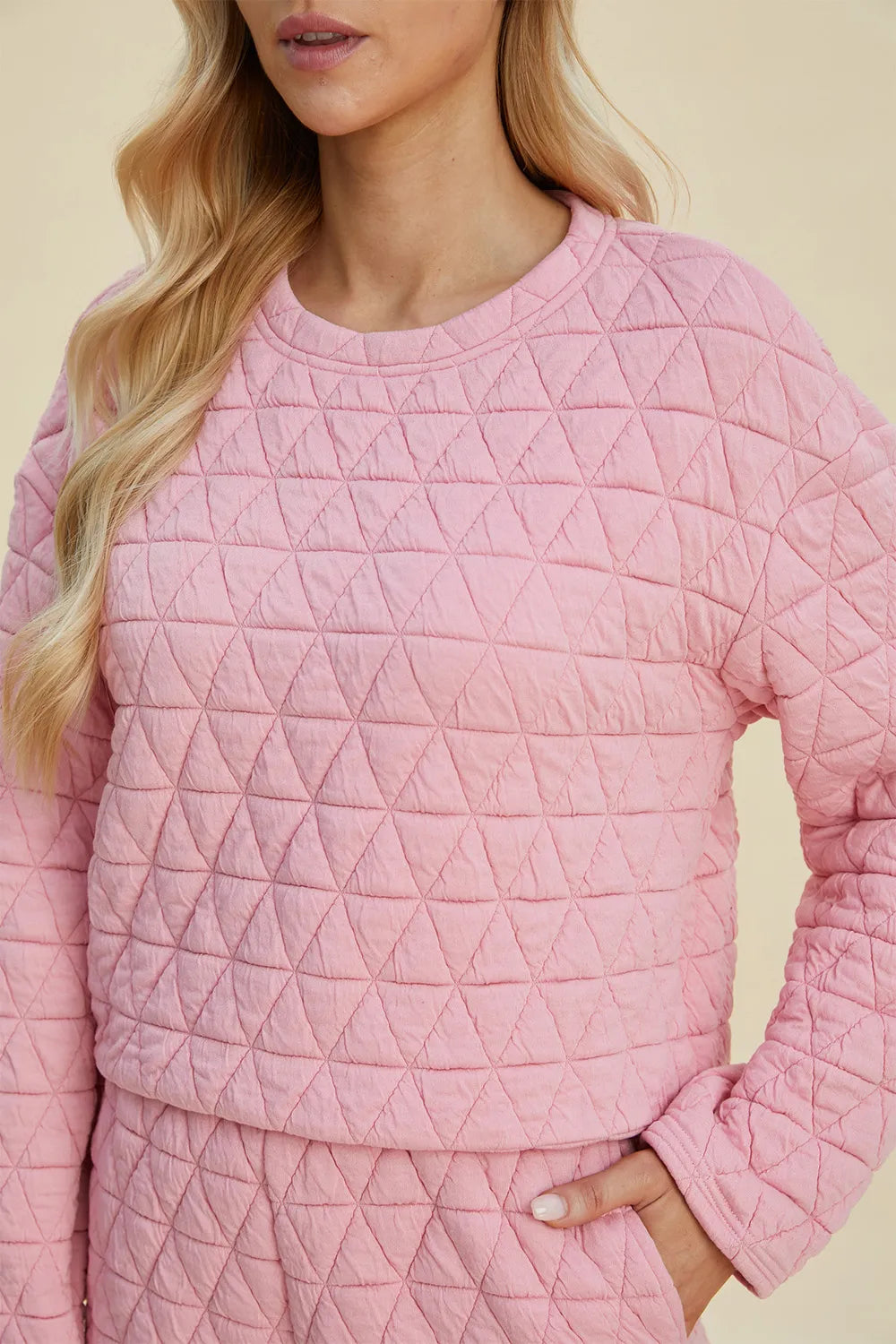 Plus Size Texture Round Neck Long Sleeve Top and Shorts Set in Pink for Women