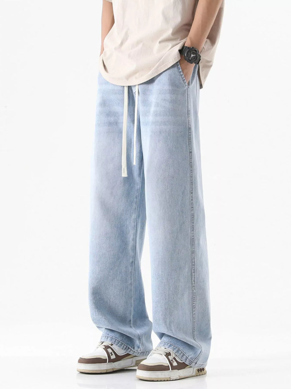 Drawstring Wash Wide Leg Jeans Plus Size in Vintage Blue for Men