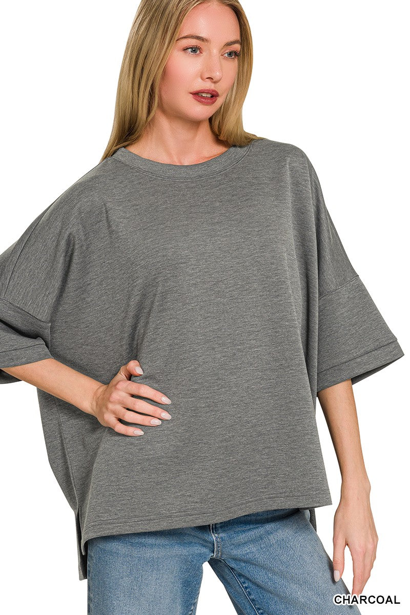 Scuba Round Neck Top with Side Slits Plus Size in Charcoal for Women