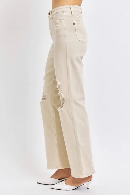 Plus Size High Waist Distressed Wide Leg Jeans in Bone for Women
