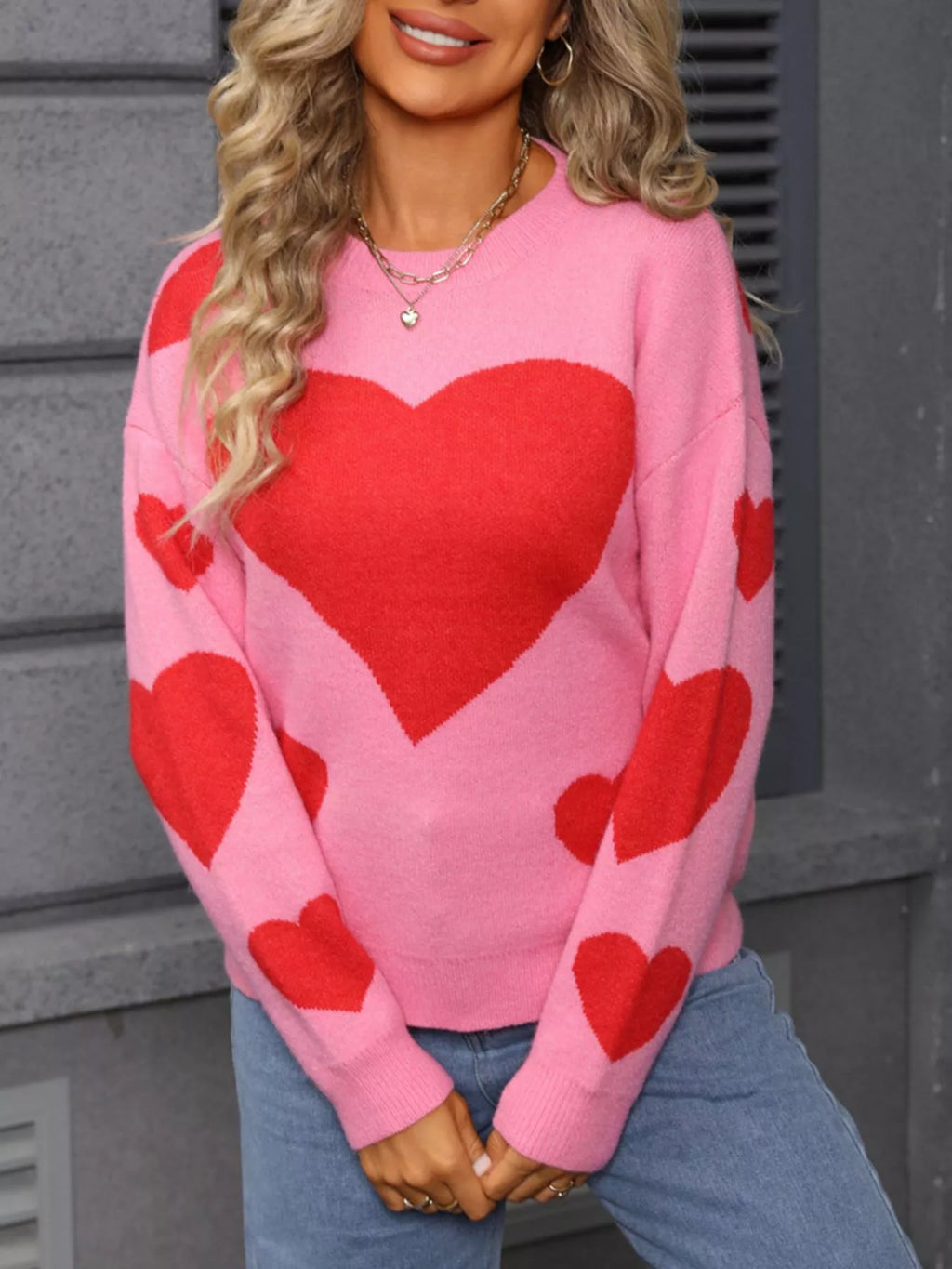 Valentines Day Heart Crew Neck Sweater in Classic in Rose Red for Women