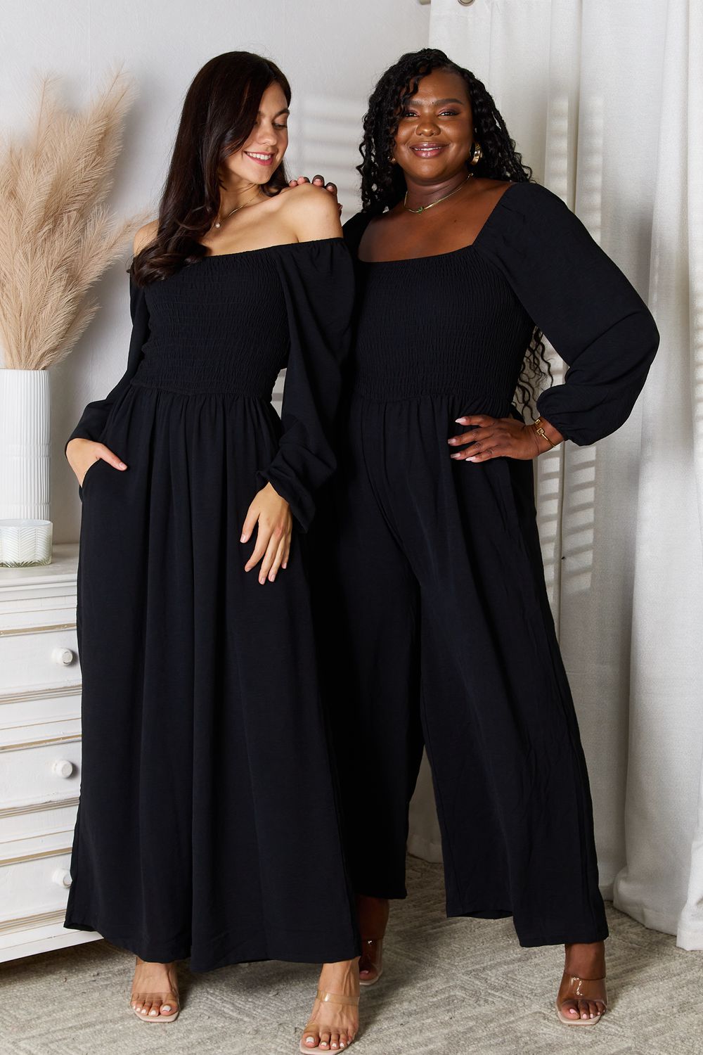 Square Neck Jumpsuit with Pockets in Black for Women