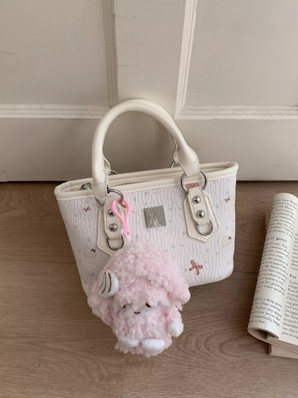 Plush Charm Patterned Crossbody Bag in White for Women