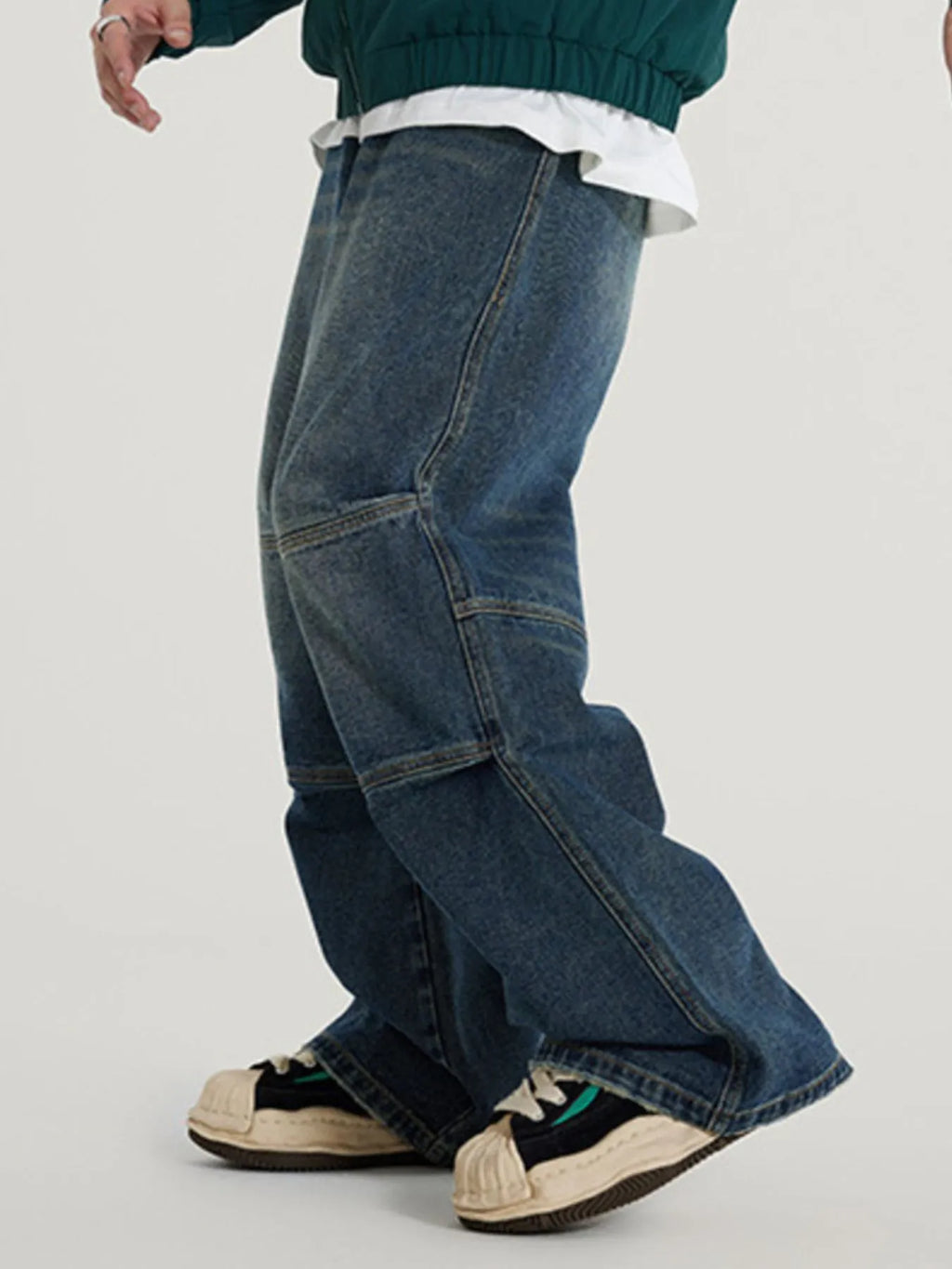 Vintage Wide Leg Utility Jeans with Multi-Panel Design in Cheese Yellow for Men