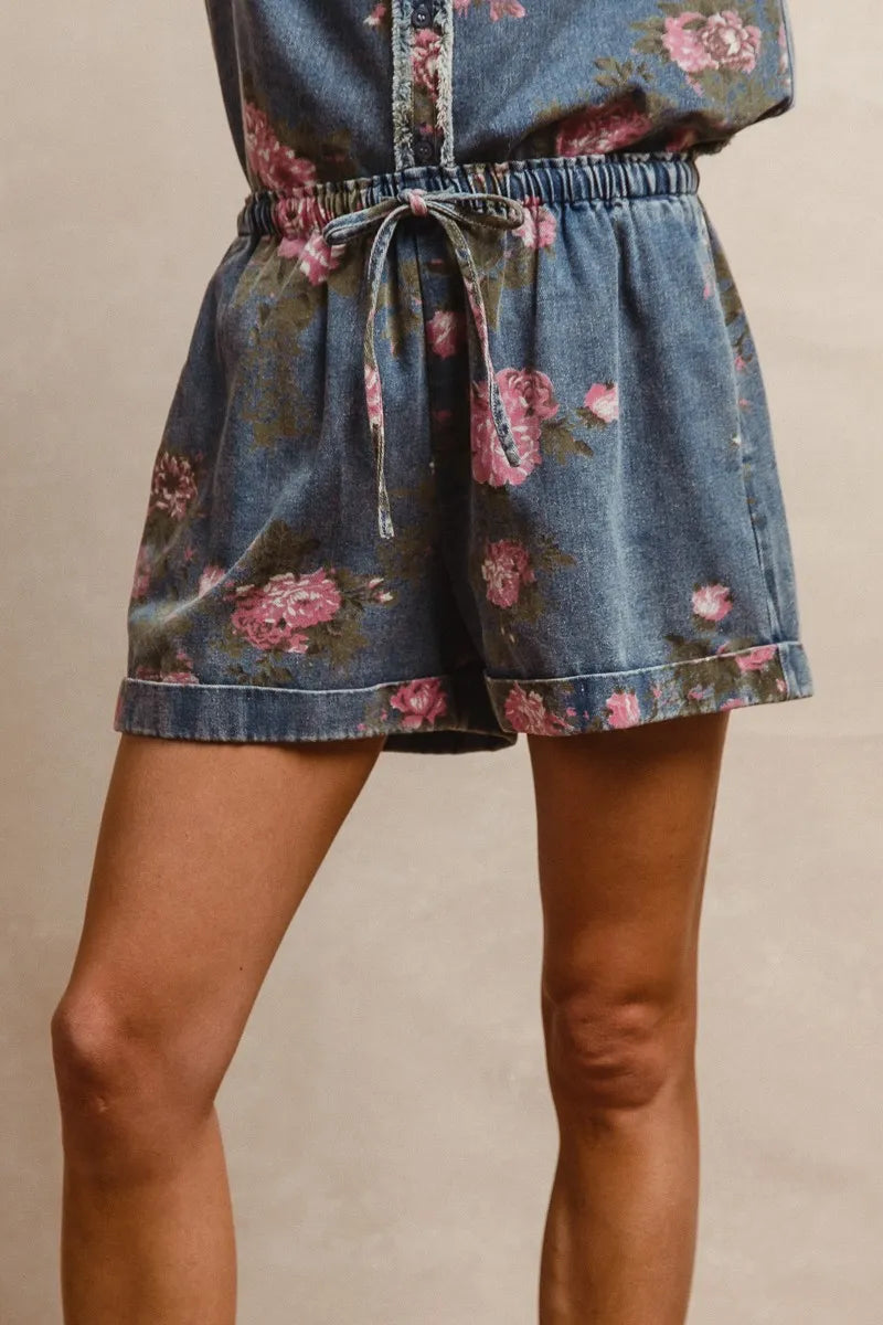 Floral Printed Denim Short Pants with Pocket for Women