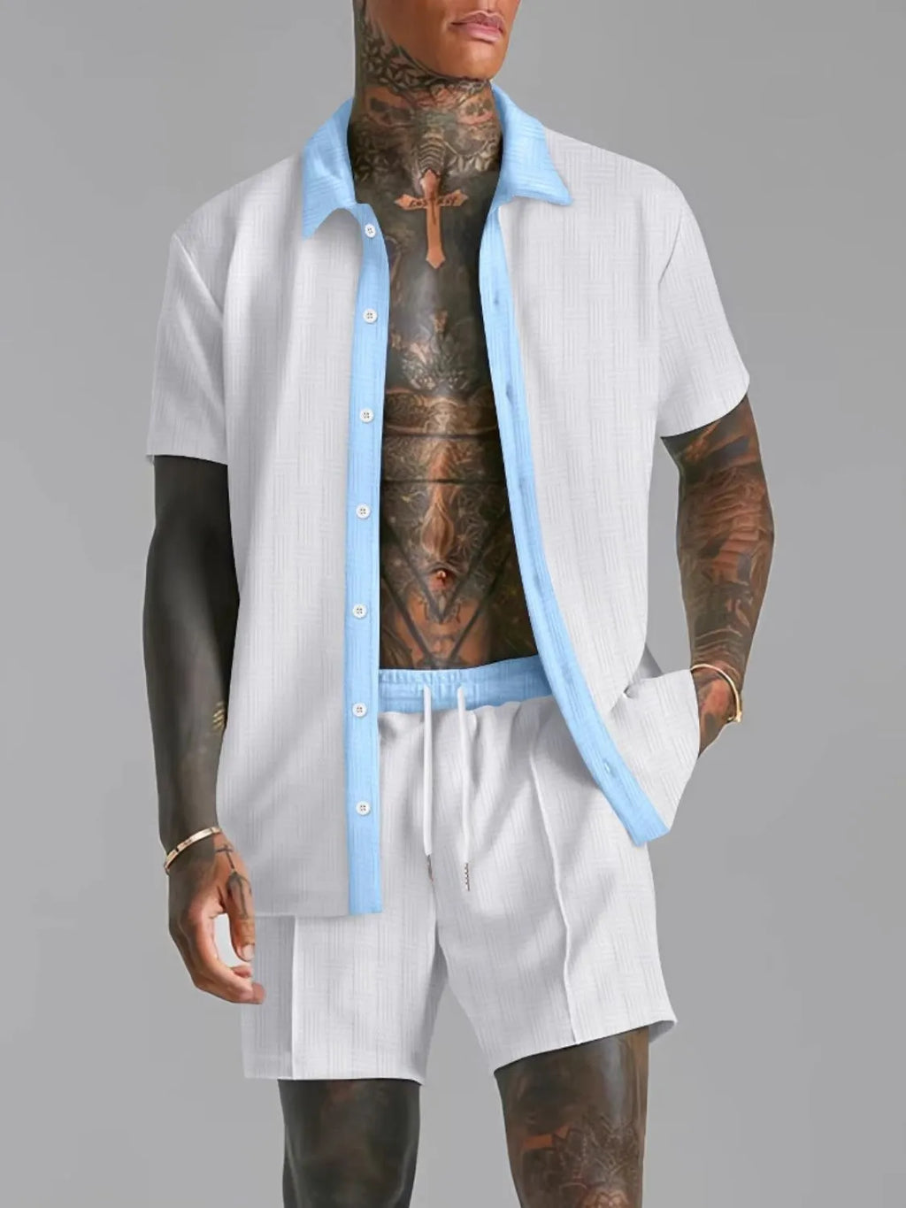 Collared Neck Short Sleeve Top and Shorts Set Plus Size in Tan for Men