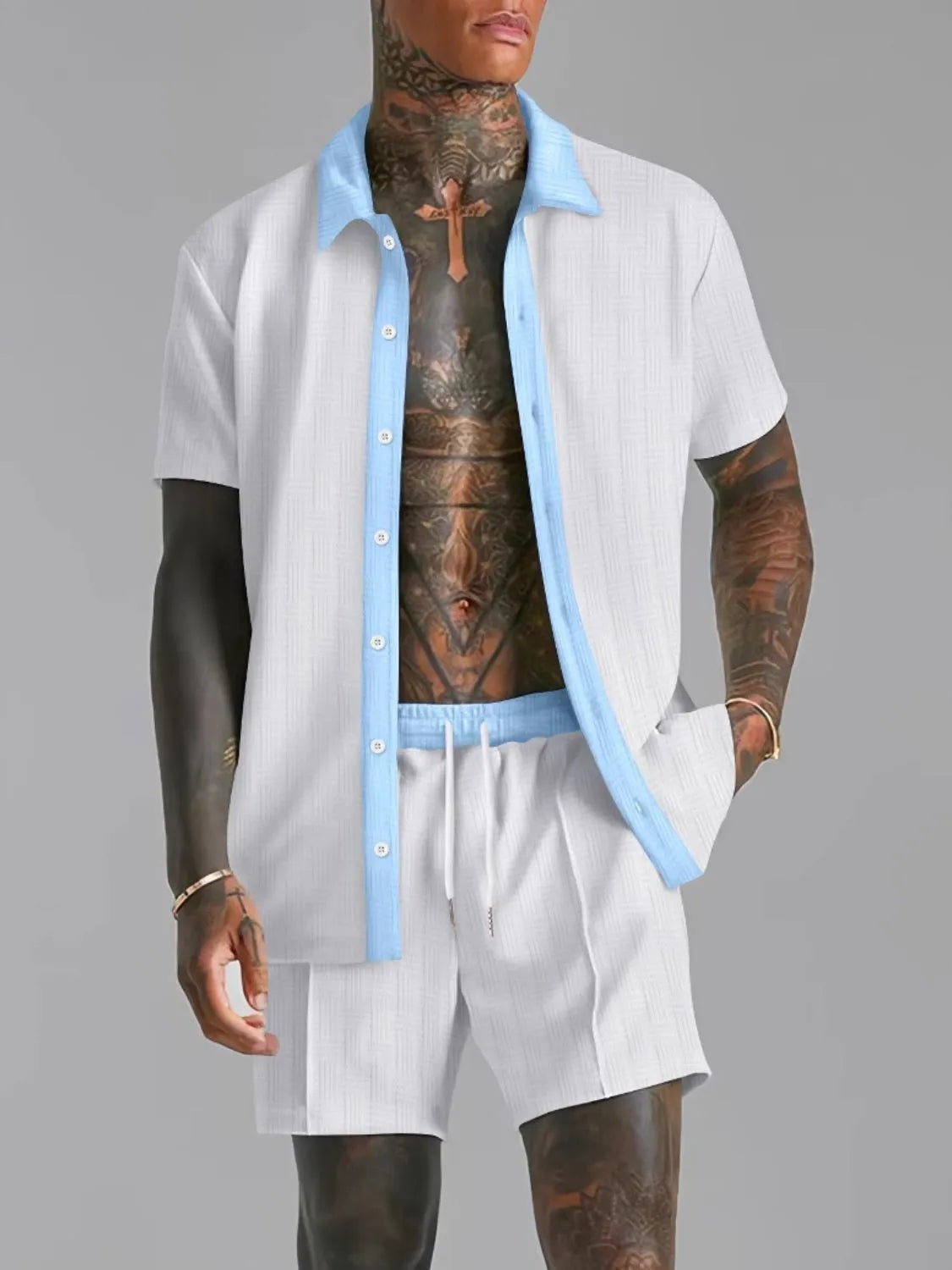 Collared Neck Short Sleeve Top and Shorts Set Plus Size in Tan for Men