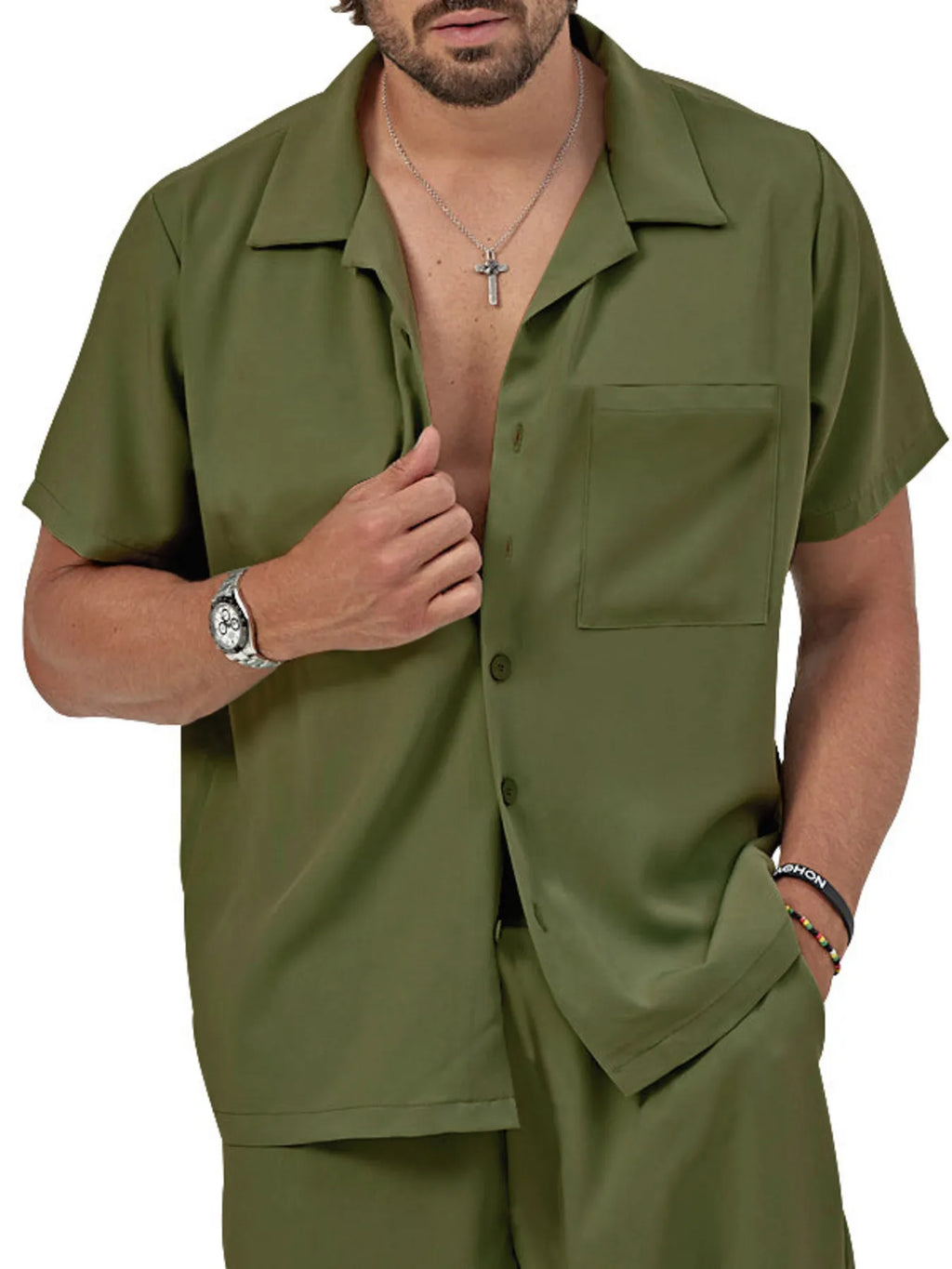 Plus Size Button Up Short Sleeve Shirt and Shorts Set in Military Green for Men