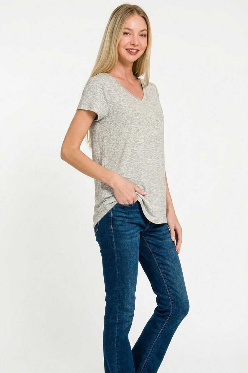 Rayon Short Sleeve V-Neck Round Hem Top in Heather Grey for Women