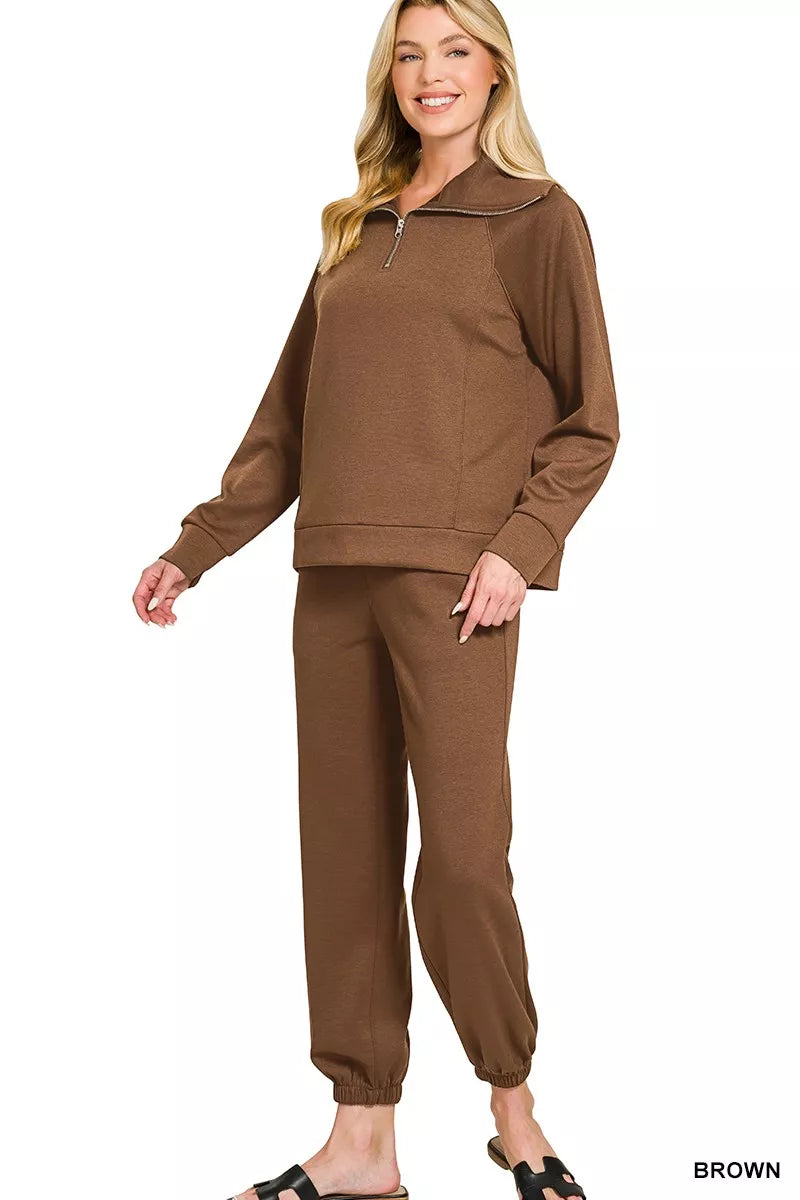 Scuba Half Zip Sweatshirts and Joggers Set in Brown for Women