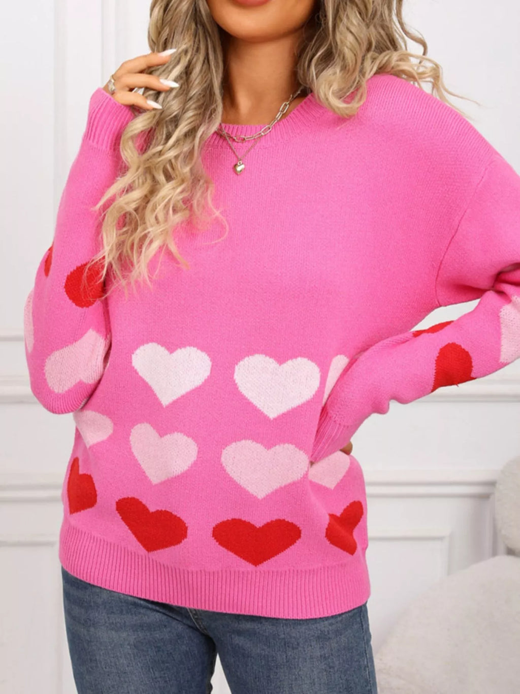 Valentines Day Heart Pattern Crew Neck Sweater in Rose Red for Women