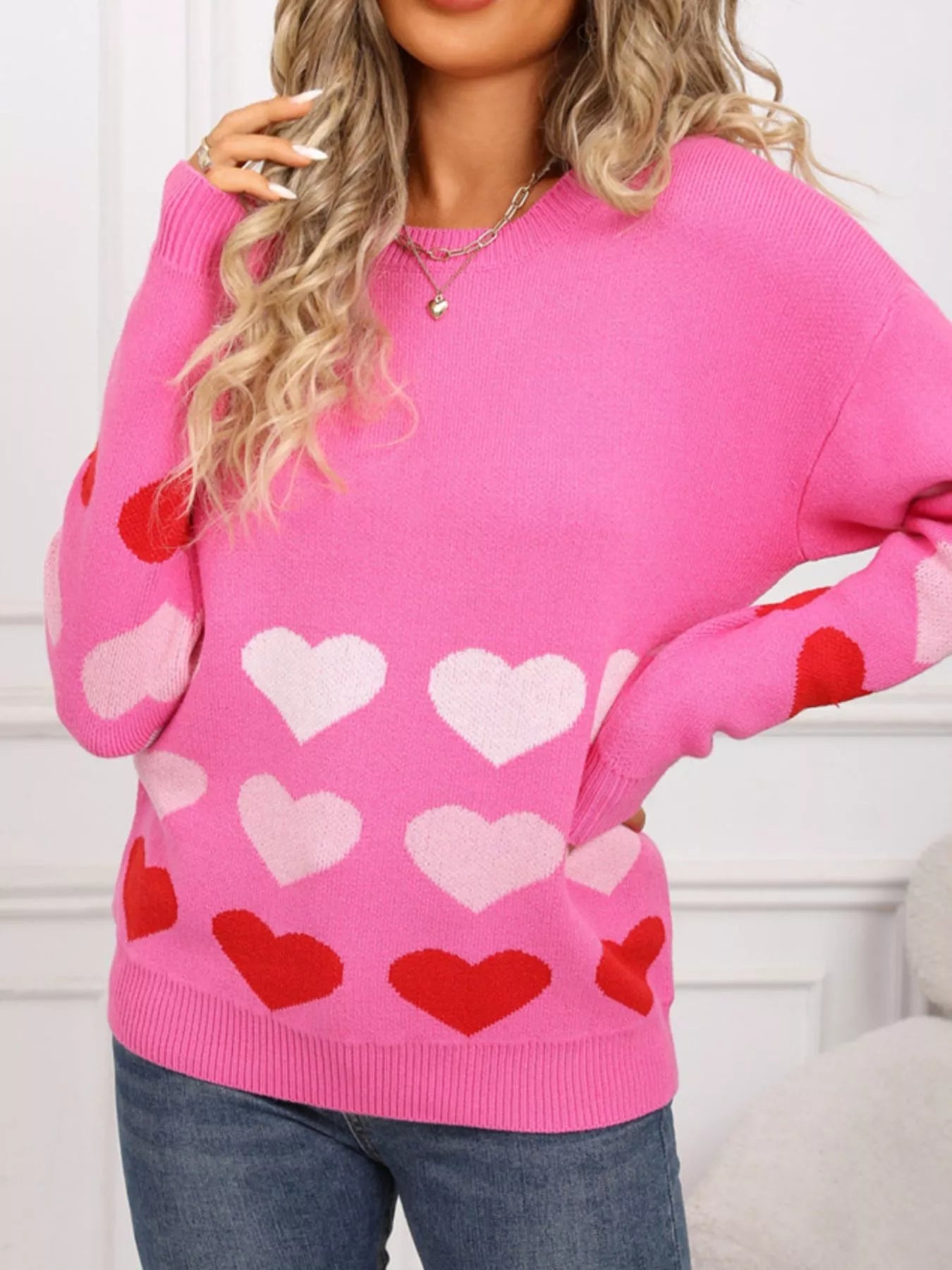 Valentines Day Heart Pattern Crew Neck Sweater in Rose Red for Women