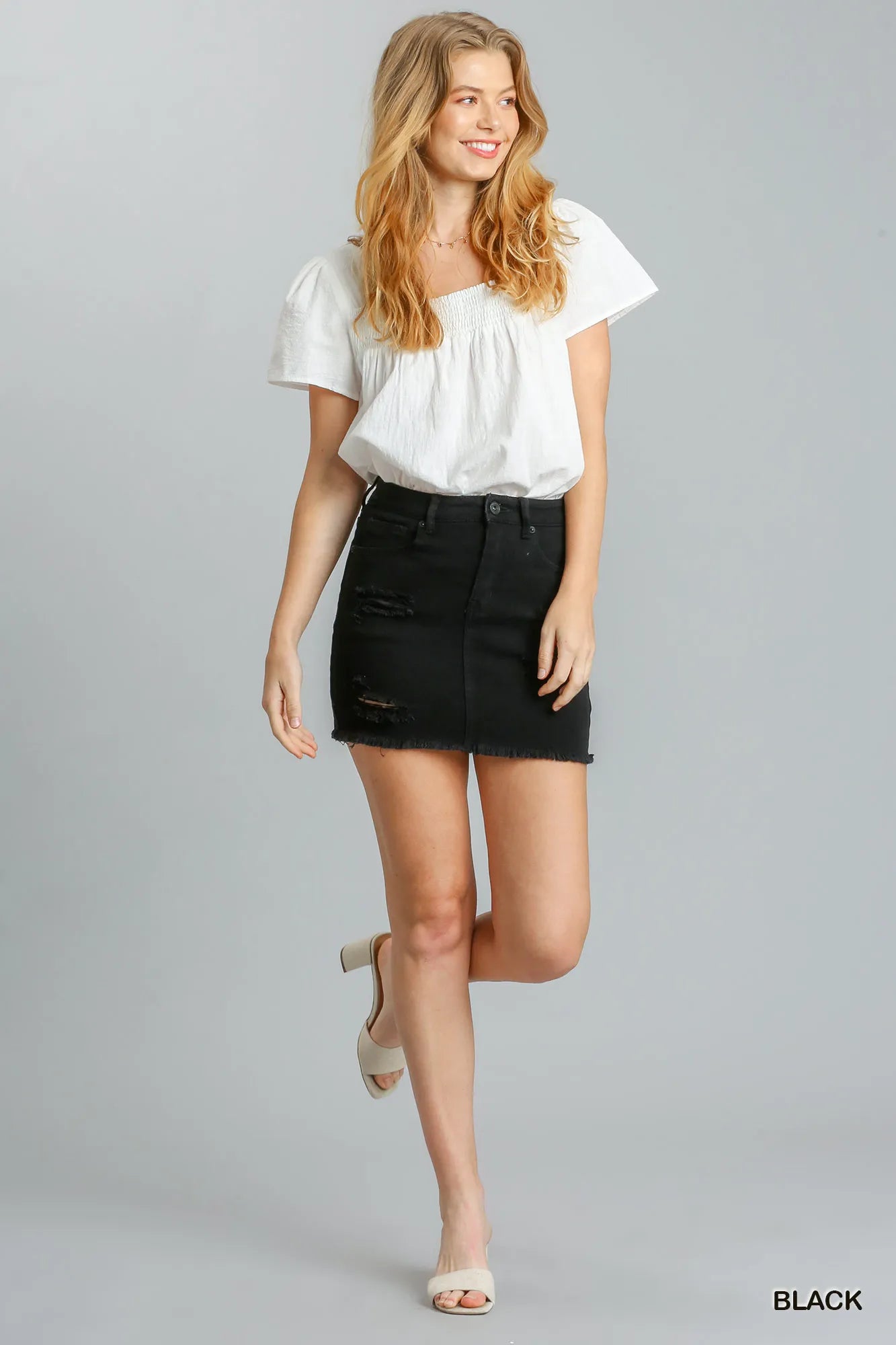 Distressed Raw Hem High Waist Denim Skirt in Black for Women