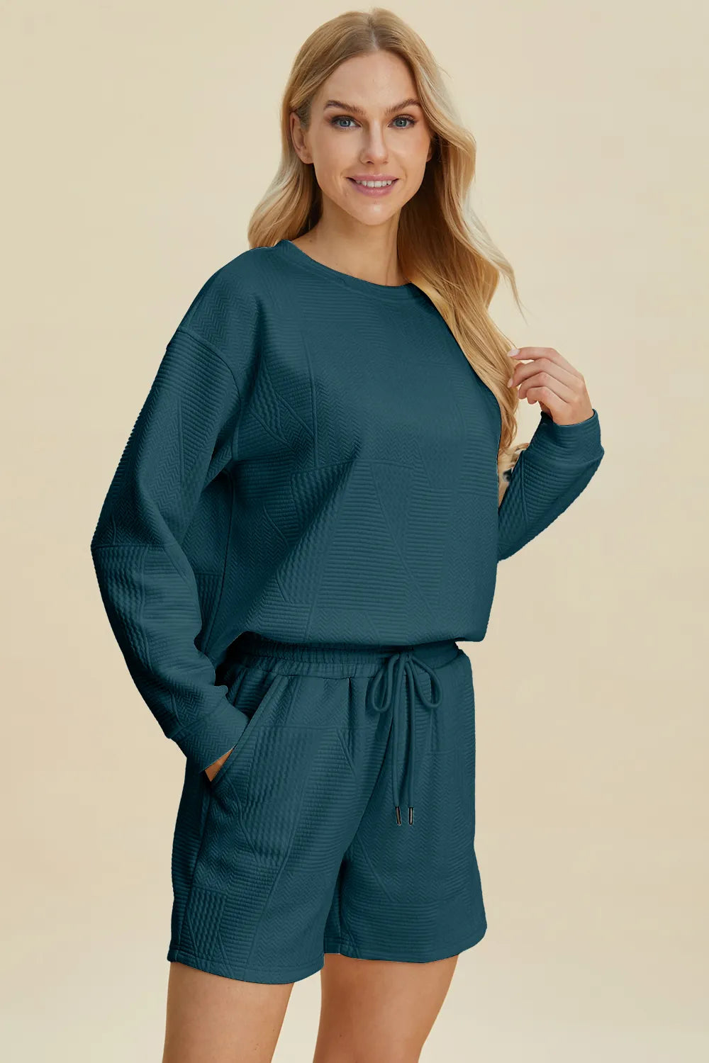 Plus Size Texture Round Neck Long Sleeve Top and Shorts Set in Peacock Blue for Women