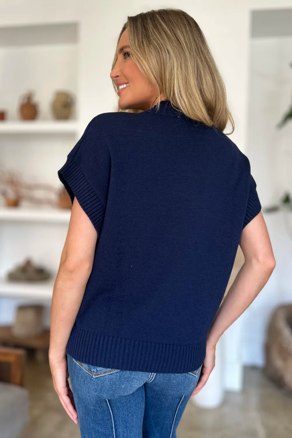 Plus Size Mock Neck Short Sleeve Sweater in Navy for Women