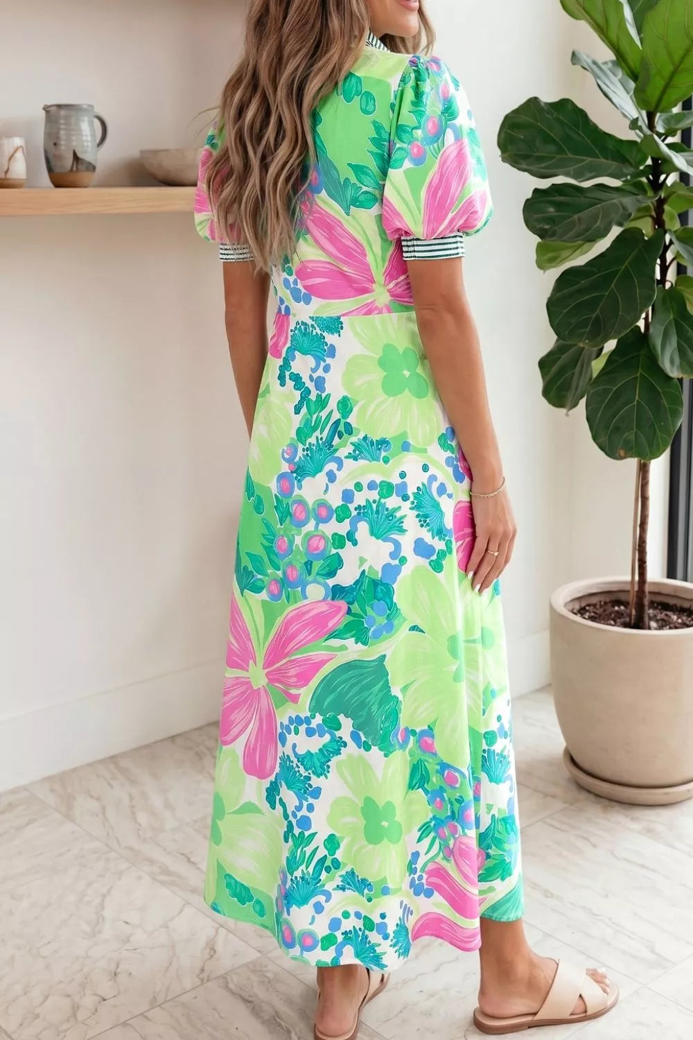 Floral Print Button-Up Midi Dress with Puff Sleeves in Neon Green for Women
