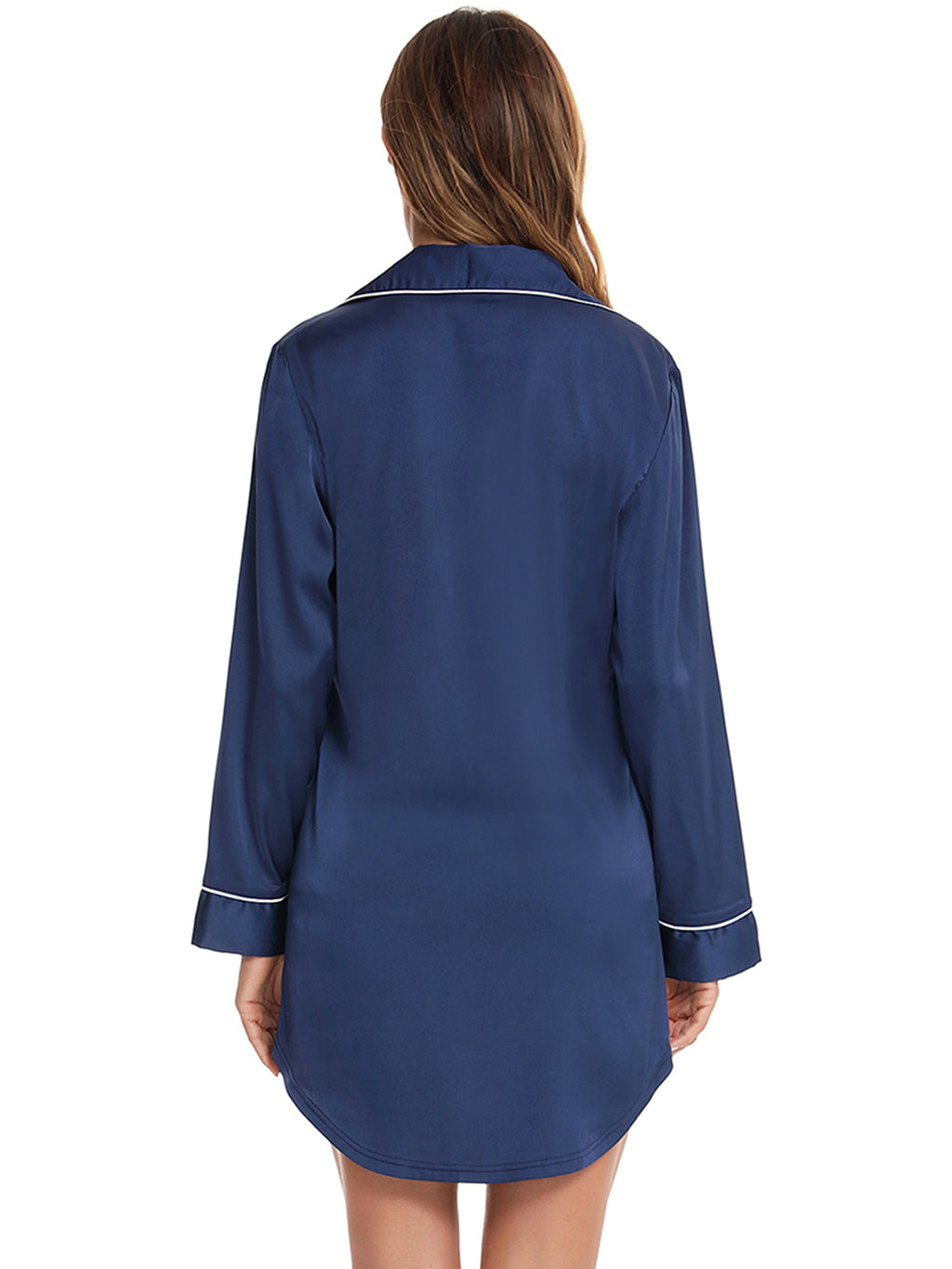 Button Up Lapel Collar Night Dress with Pocket in Peacock Blue for Women