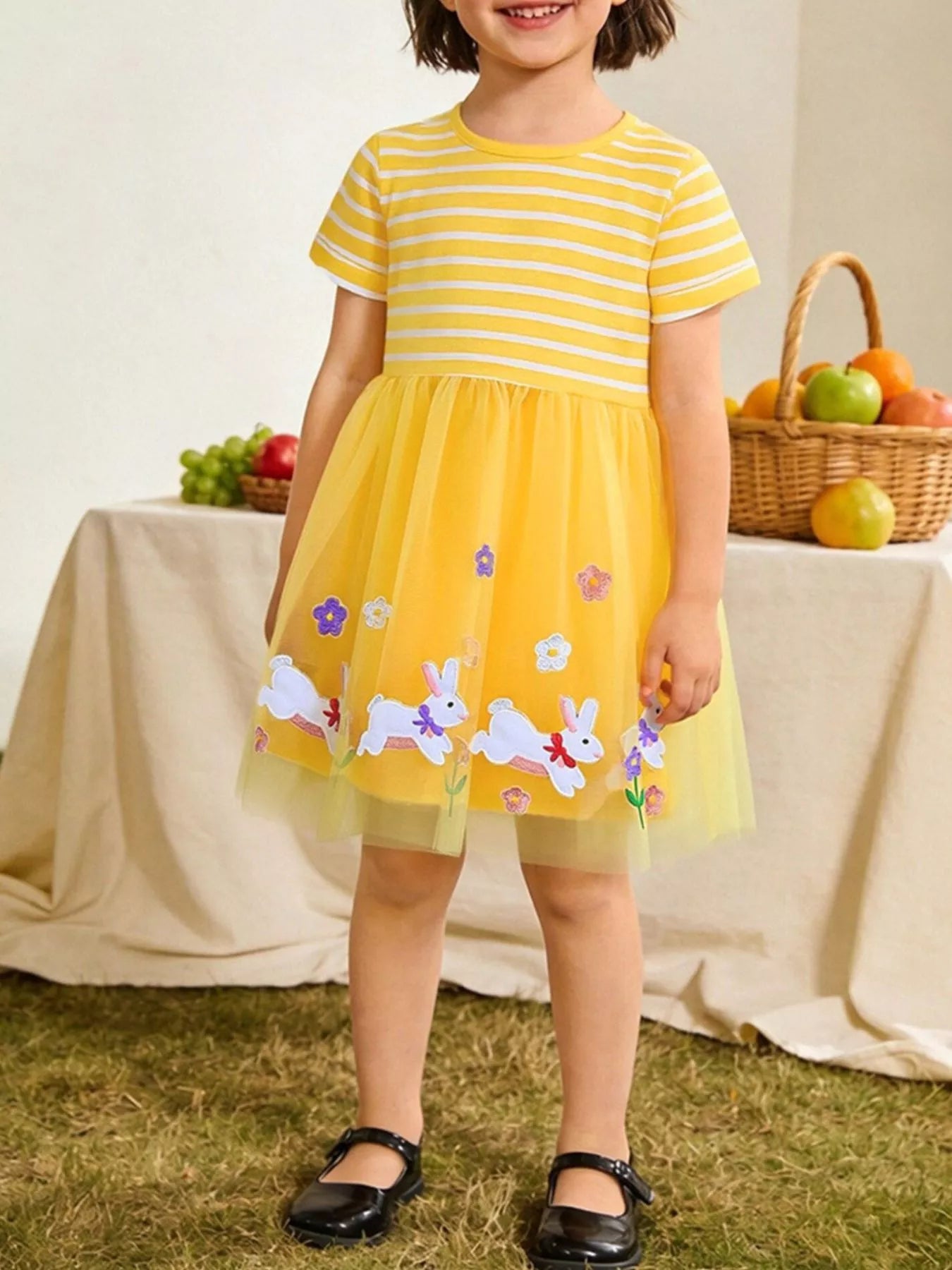 Bunny & Floral Striped Tulle Dress in Yellow for Girls