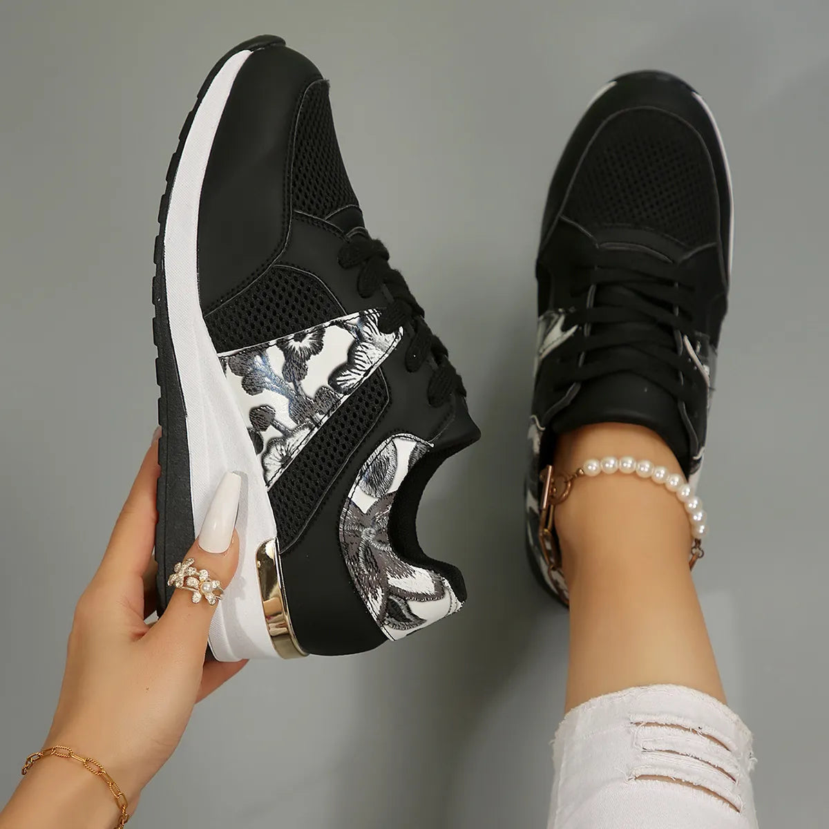 Floral Mesh Wedge Athletic in Black for Women