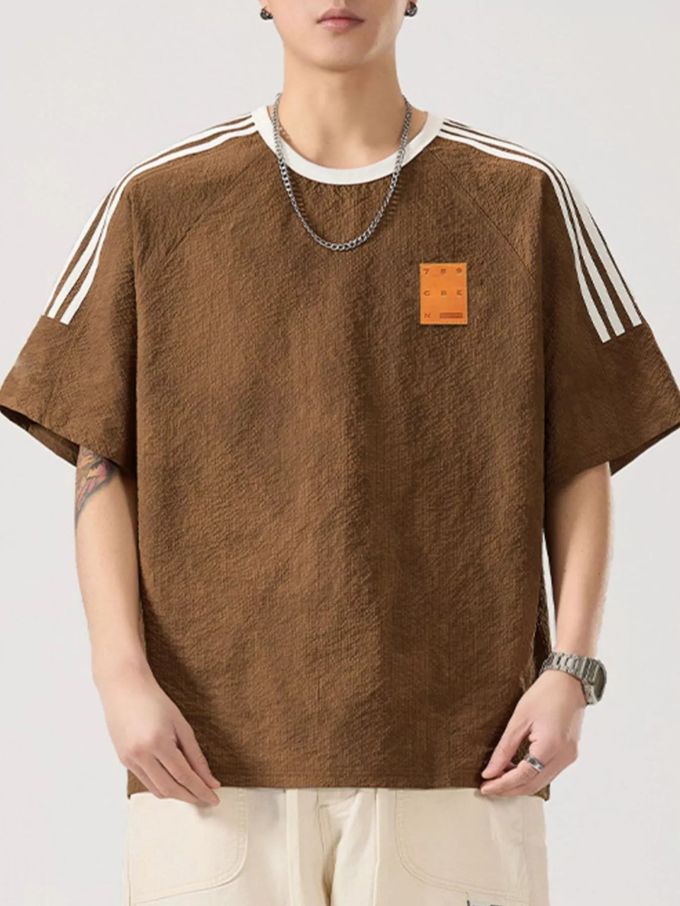 Striped Shoulder Relaxed Fit T-Shirt Plus Size in Deep Khaki for Men