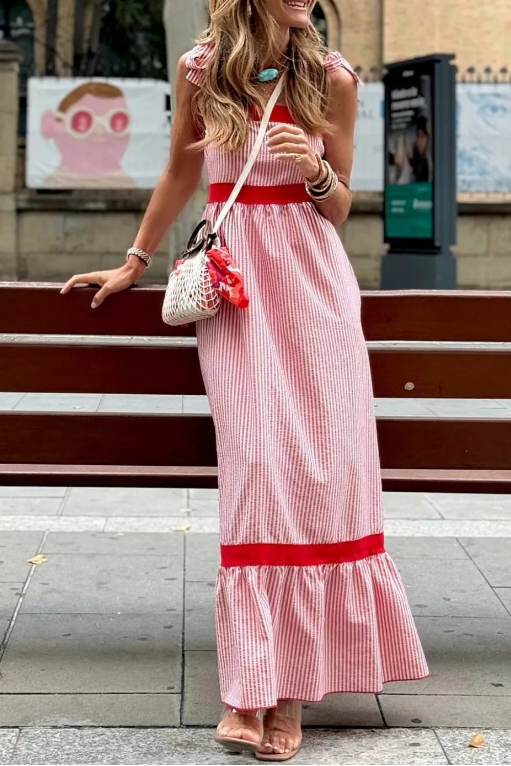 Stripe Bow Knot Straps Contrast Trim High Waist Ruffle Hem Maxi Dress in Dusty Pink for Women
