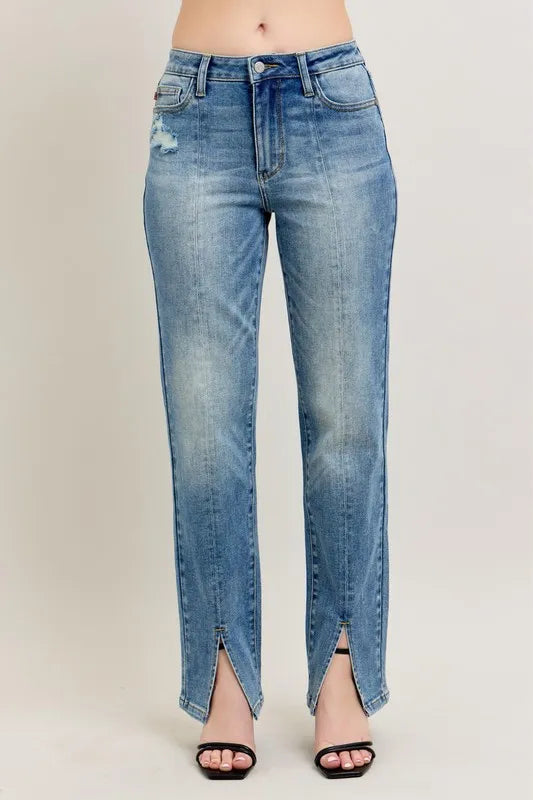High Waist Vintage Wash Front Seam & Slit Straight Plus Size in Md for Women