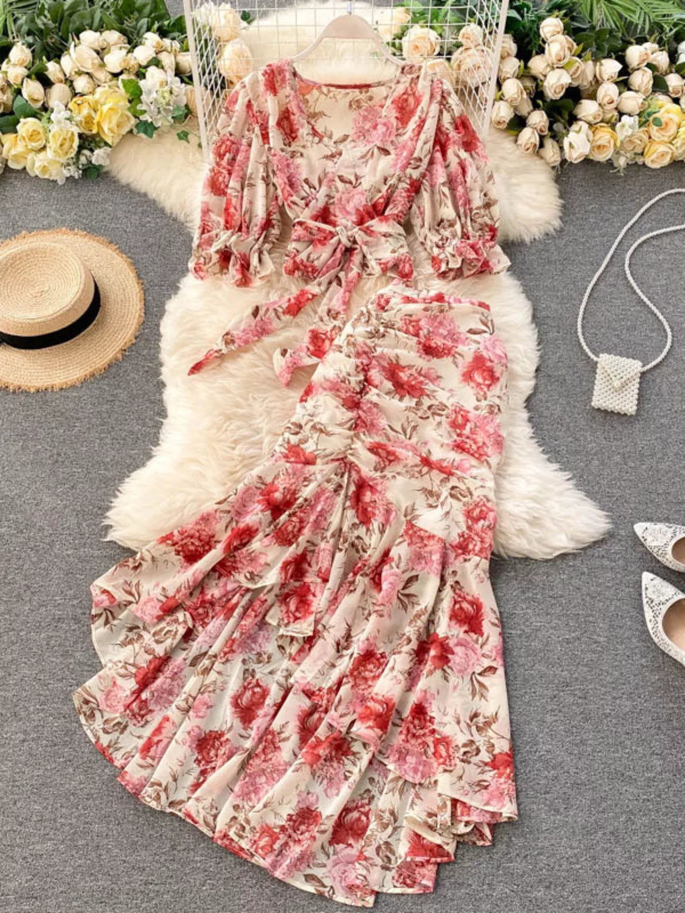 Floral Print Crop Top and Skirt Set for Women