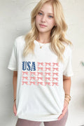 USA Flag Bow Knot Print Round Neck T-Shirt in White for Women