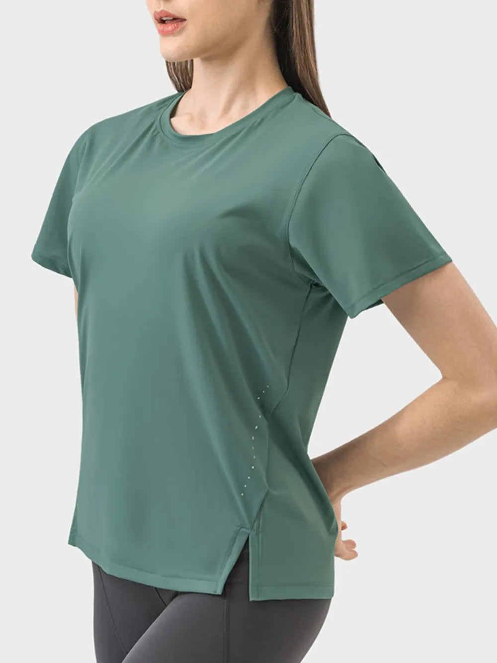 Slit Round Neck Short Sleeve Active T-Shirt in Dark Green for Women