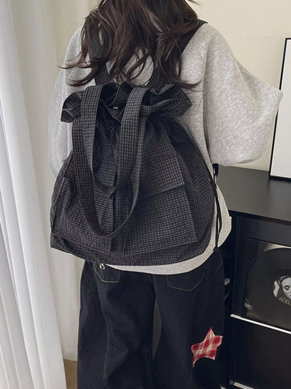 Convertible Plaid Drawstring Backpack Bag for Women