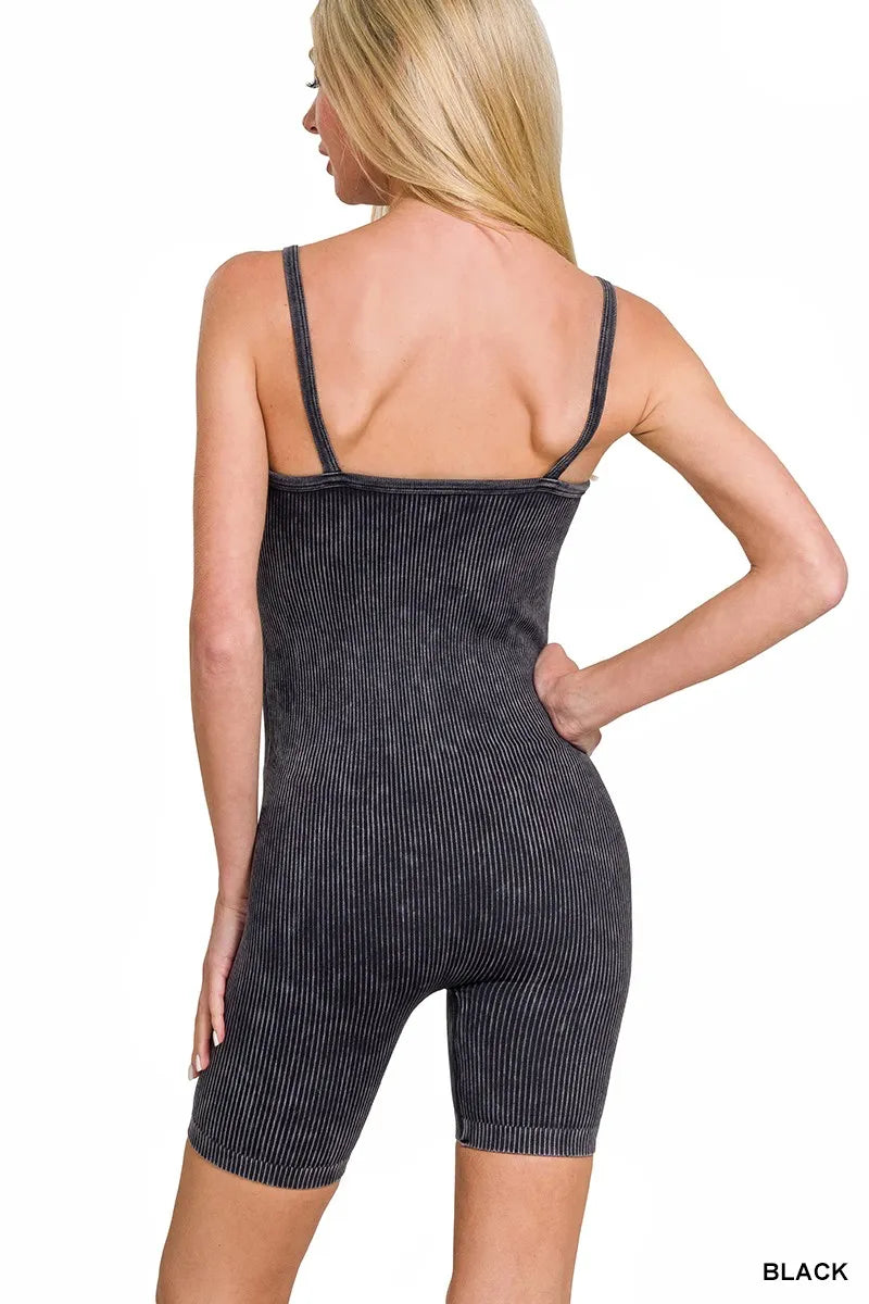 Stone Washed Ribbed Seamless Romper in Black for Women