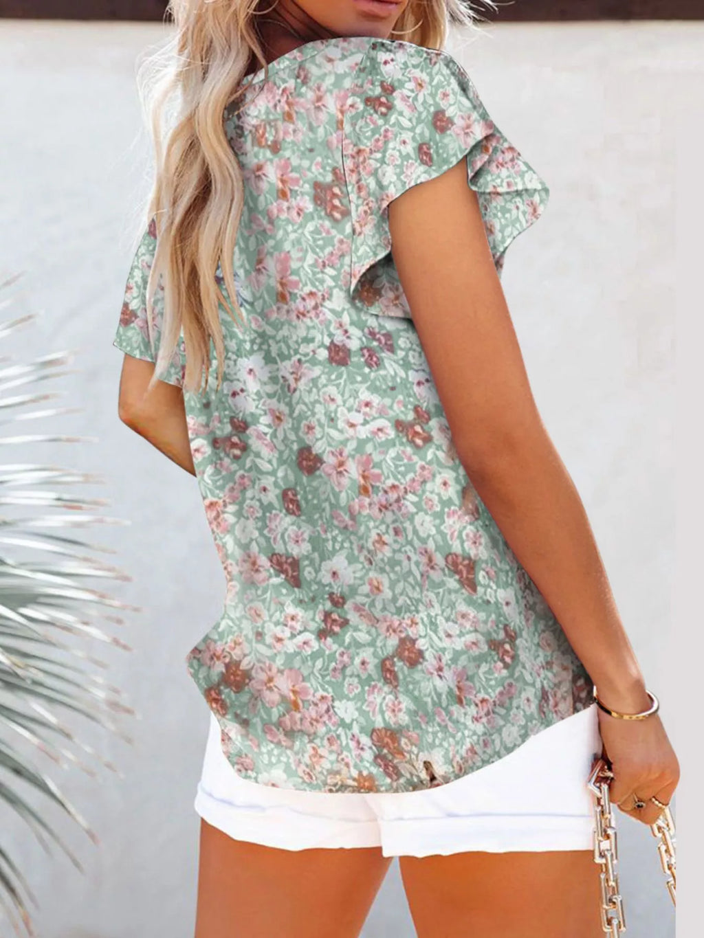 Floral Print Flutter Sleeve V-Neck Blouse Plus Size in Blue for Women