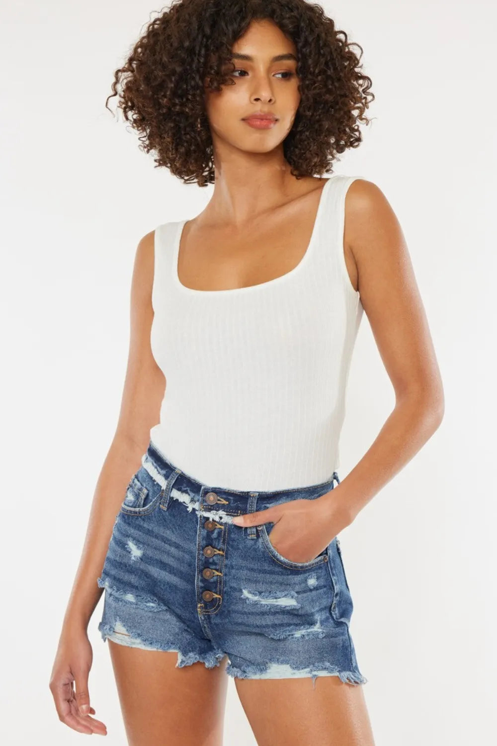 Distressed Button Fly Denim Shorts in Dark for Women