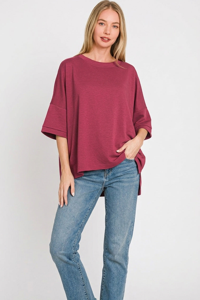 Scuba Round Neck Top with Side Slits Plus Size in Cabernet for Women