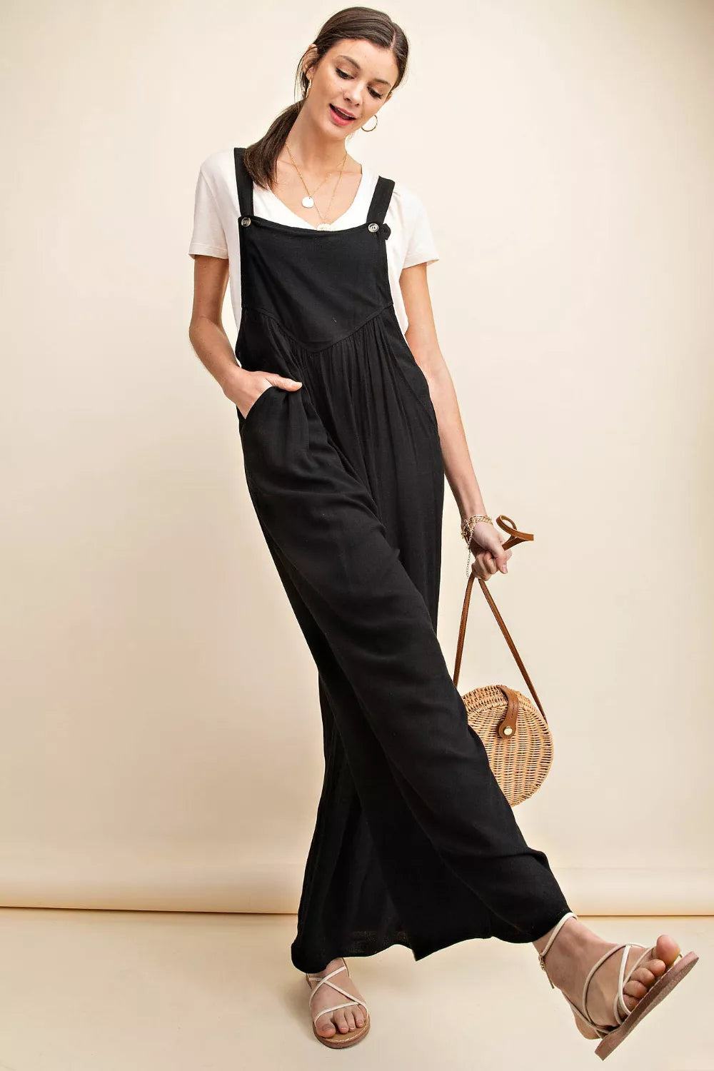 Kori America Plus Size Sleeveless Ruched Wide Leg Overalls in Black for Women