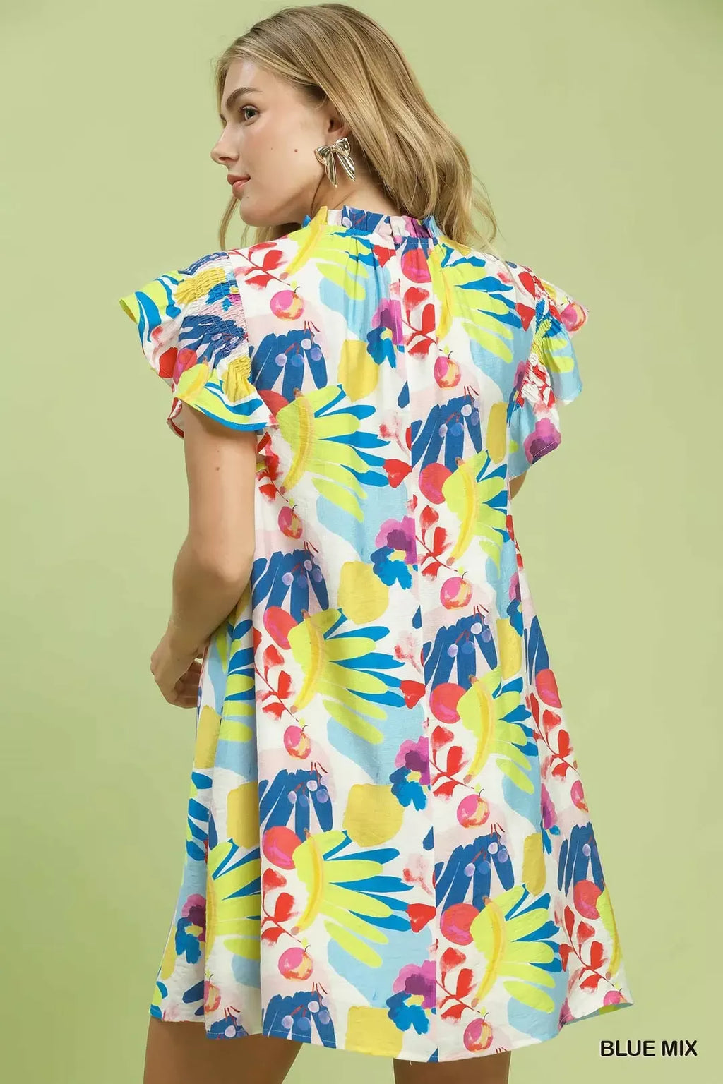 Ruffled Botanical Print Mini Dress in Blue Mix for Women